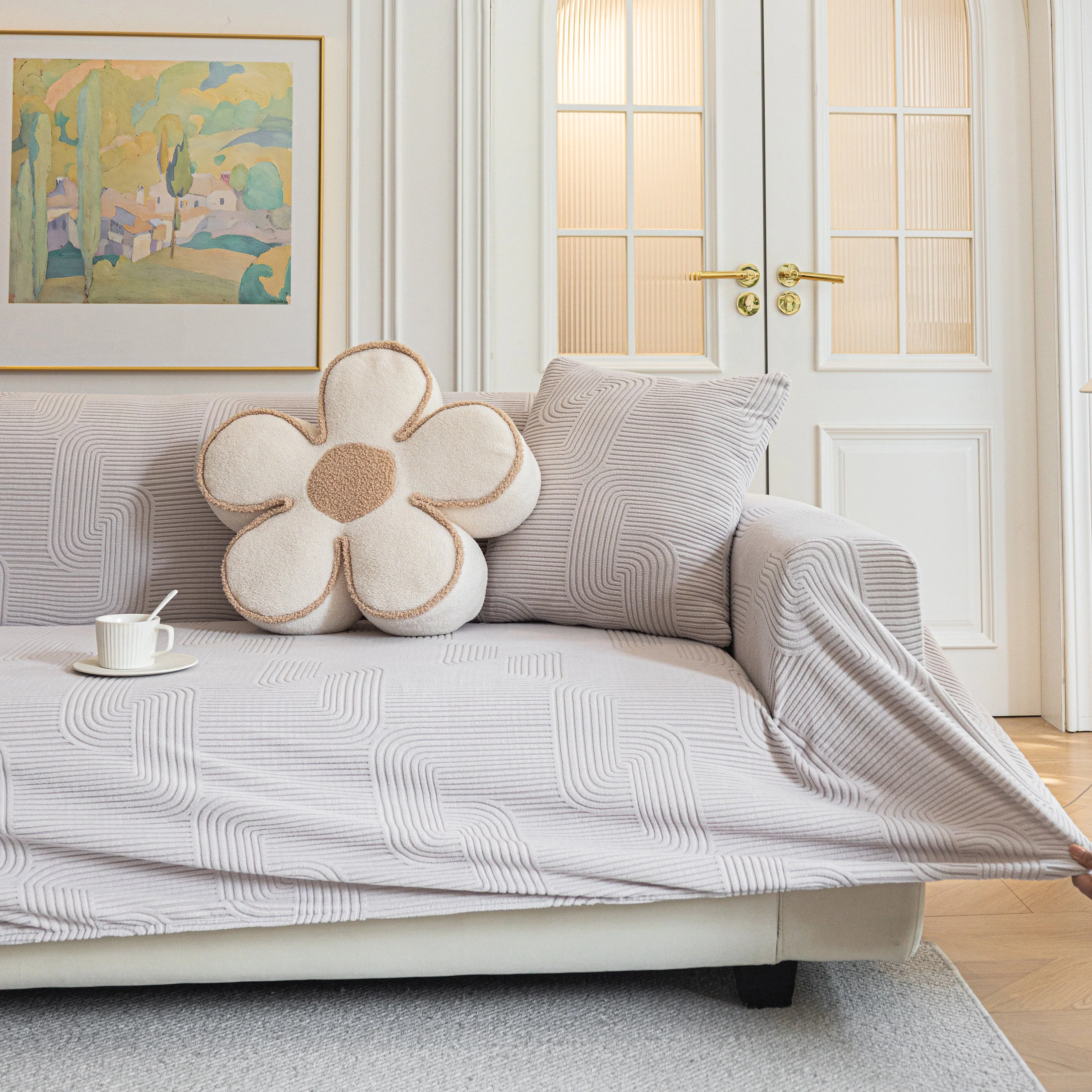 Modern Slipcovers Geometric Textured Stretchable Sofa Cover for Couch with Chaise - Image 57