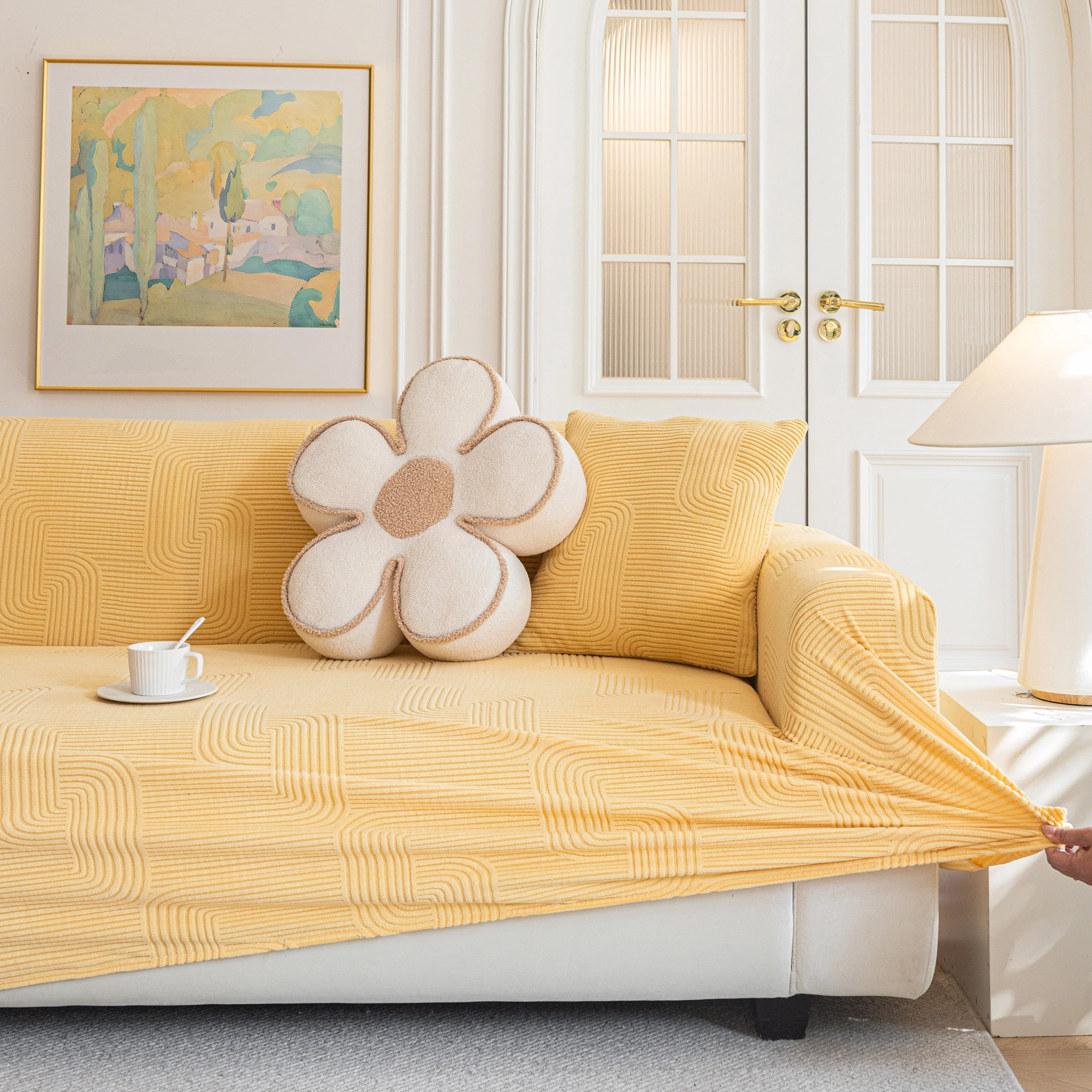 Modern Slipcovers Geometric Textured Stretchable Sofa Cover for Couch with Chaise - Image 75