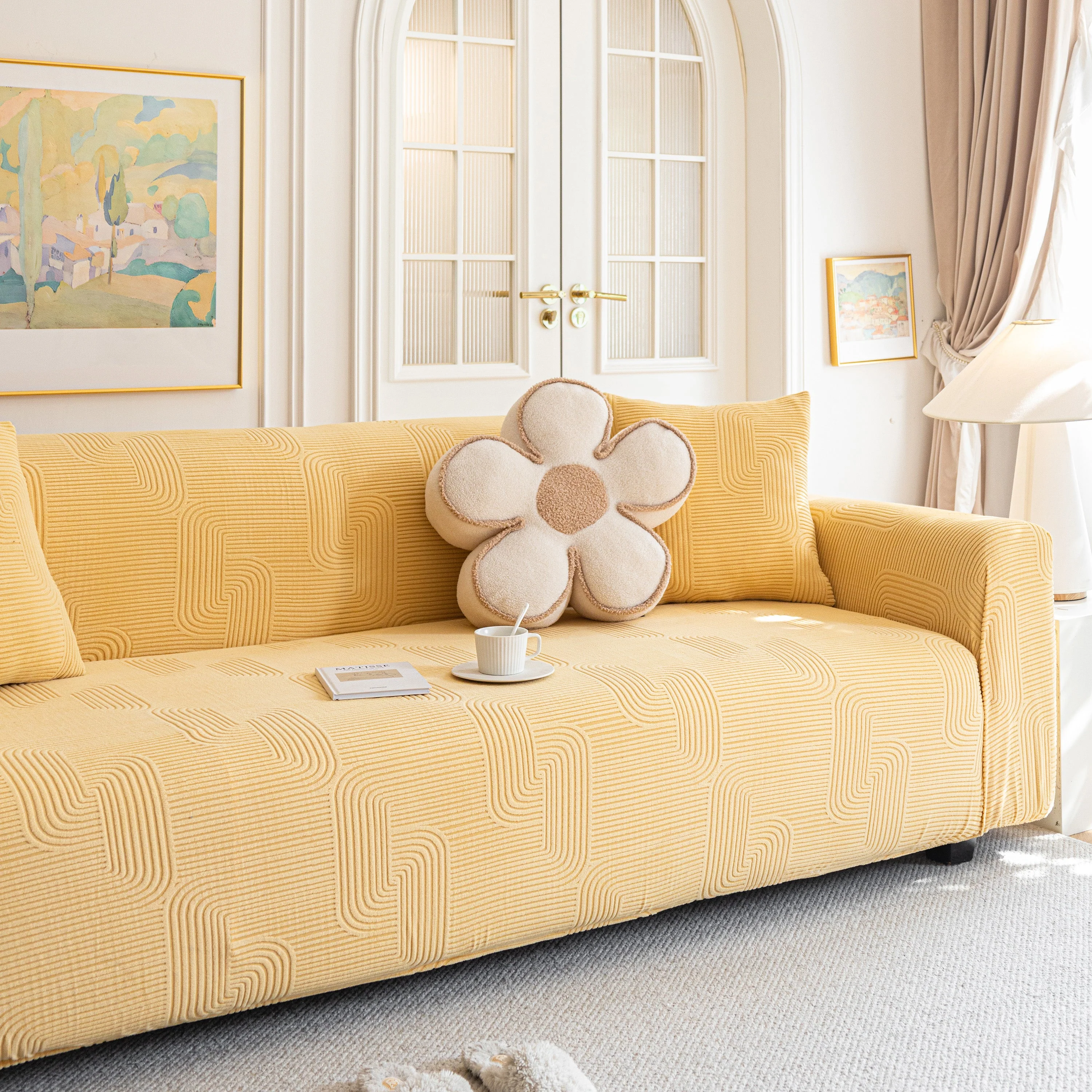 Modern Slipcovers Geometric Textured Stretchable Sofa Cover for Couch with Chaise - Image 80