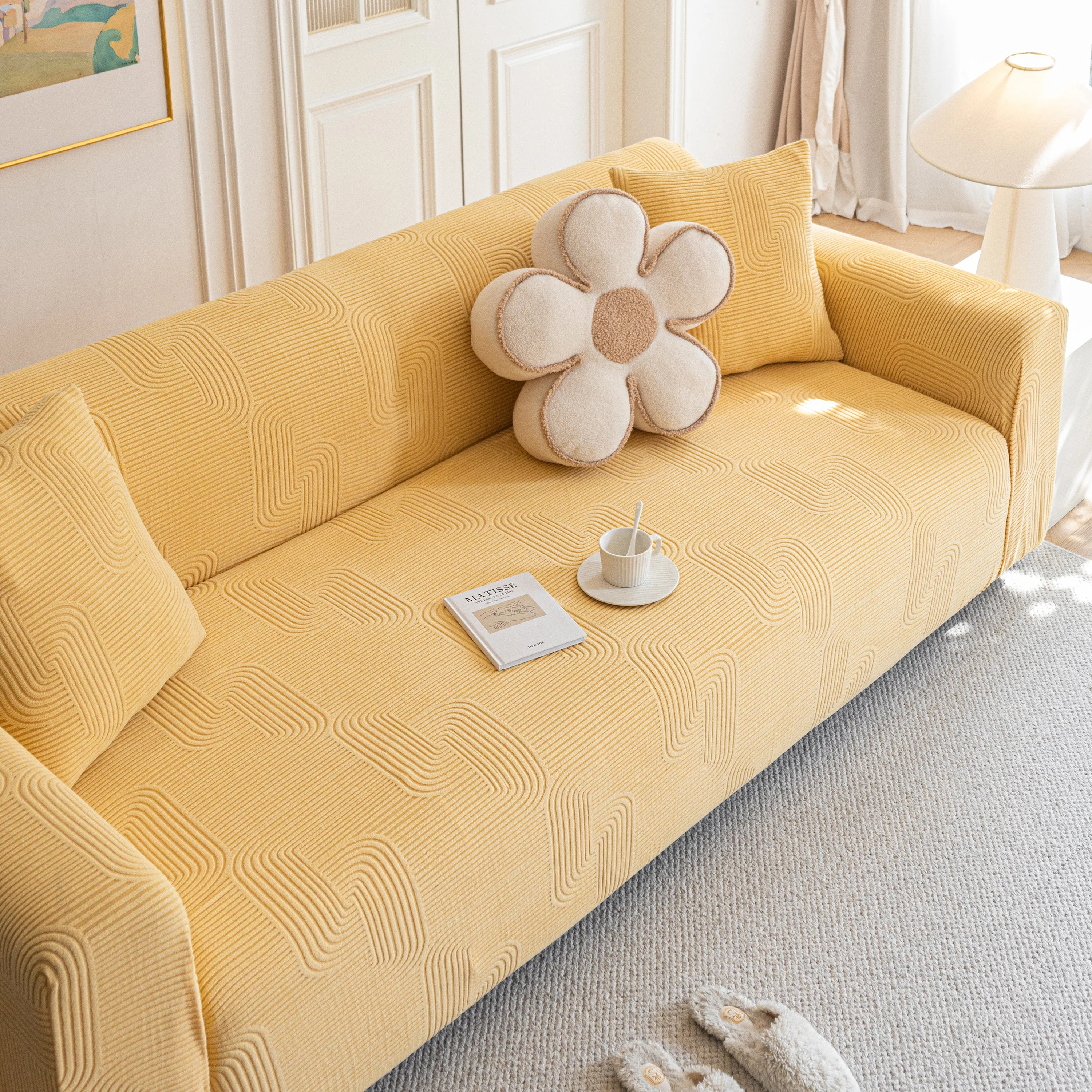 Modern Slipcovers Geometric Textured Stretchable Sofa Cover for Couch with Chaise - Image 86
