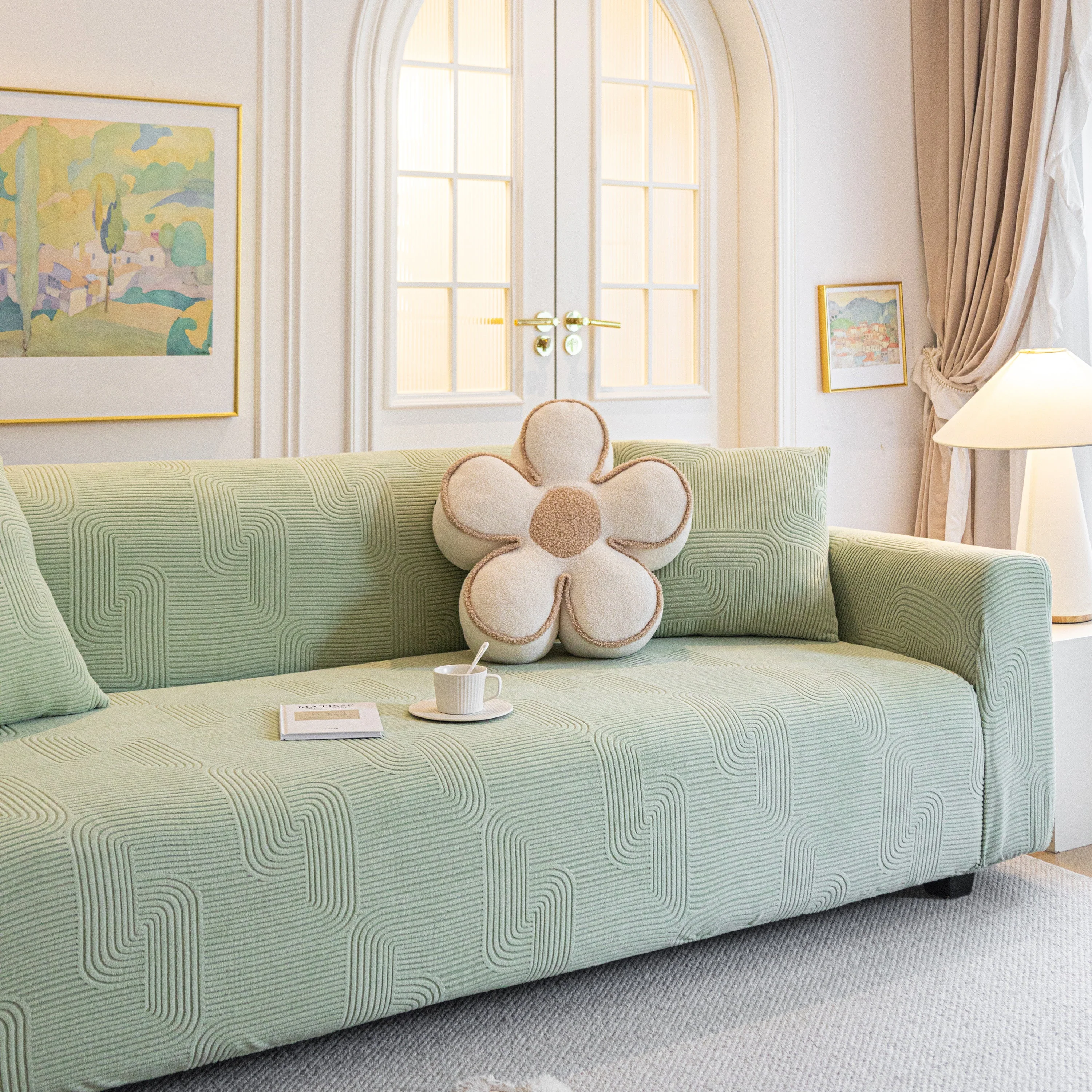 Modern Slipcovers Geometric Textured Stretchable Sofa Cover for Couch with Chaise - Image 97