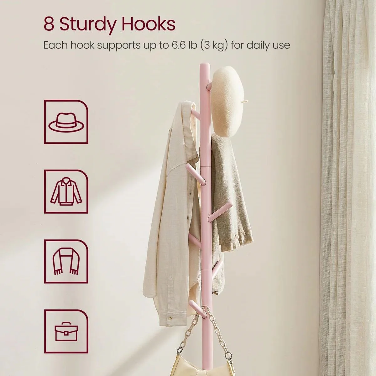 Modern Solid Wood Coat Rack Entryway Hall Tree Hat Stand in Pink - Image 2