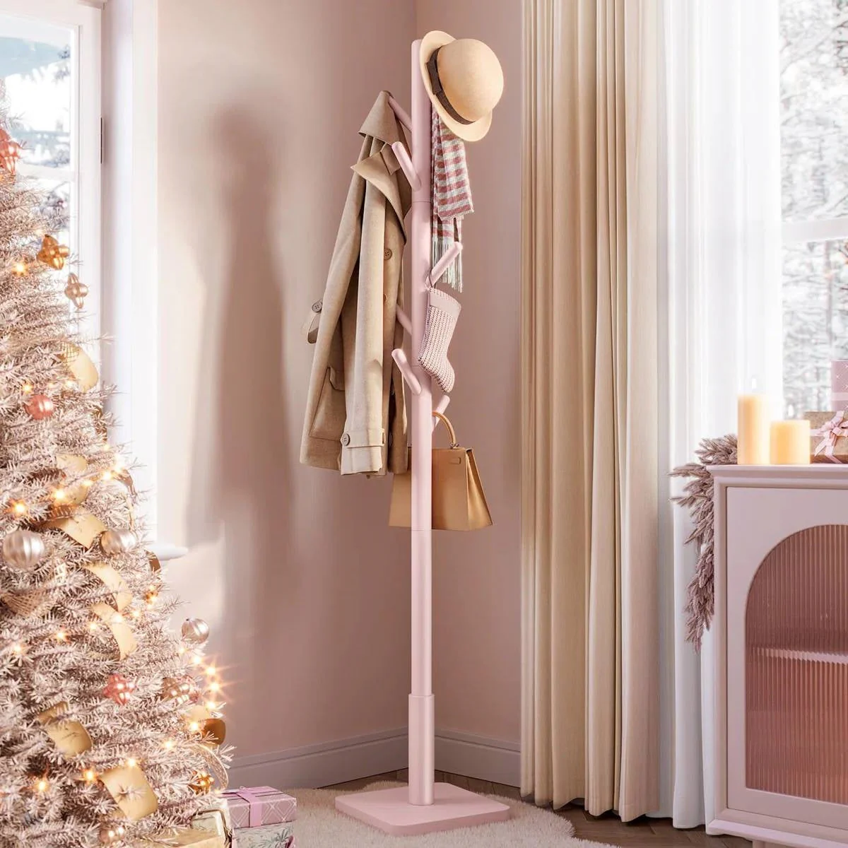 Modern Solid Wood Coat Rack Entryway Hall Tree Hat Stand in Pink - Image 4