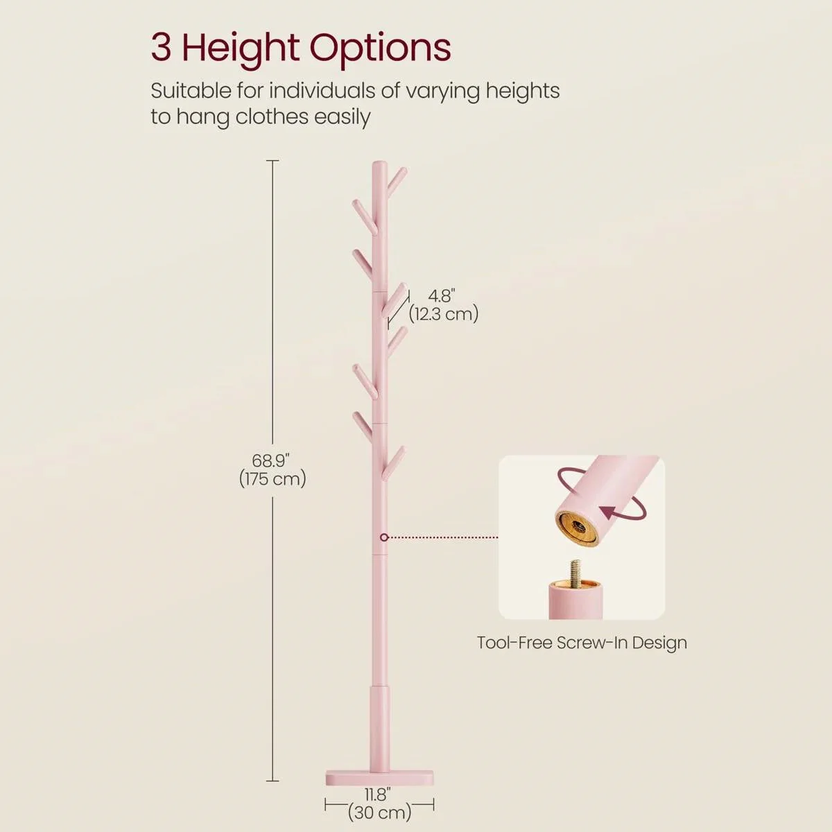 Modern Solid Wood Coat Rack Entryway Hall Tree Hat Stand in Pink - Image 5