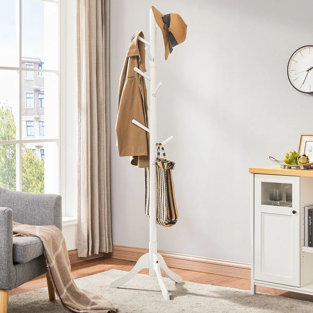 Modern Solid Wood Coat Rack in White Finish with 8 Hooks - Image 2