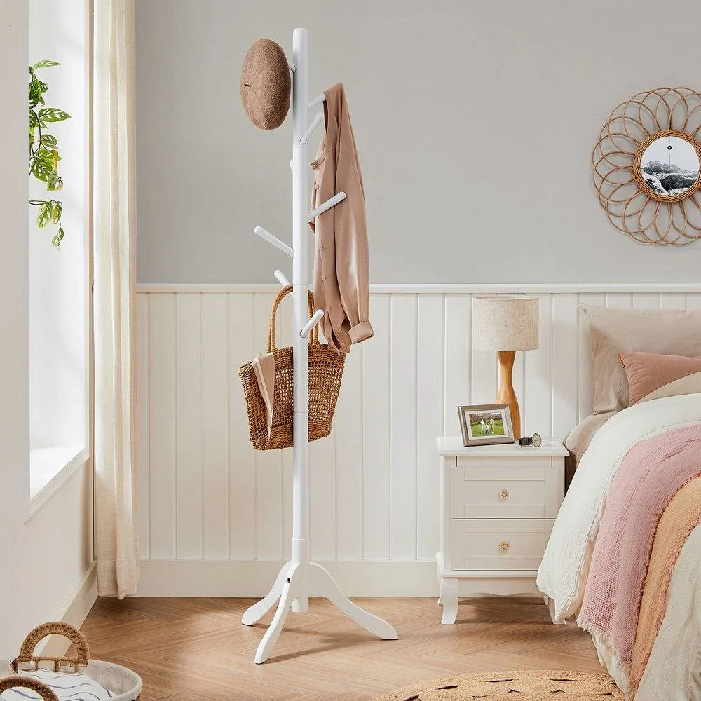 Modern Solid Wood Coat Rack in White Finish with 8 Hooks - Image 3