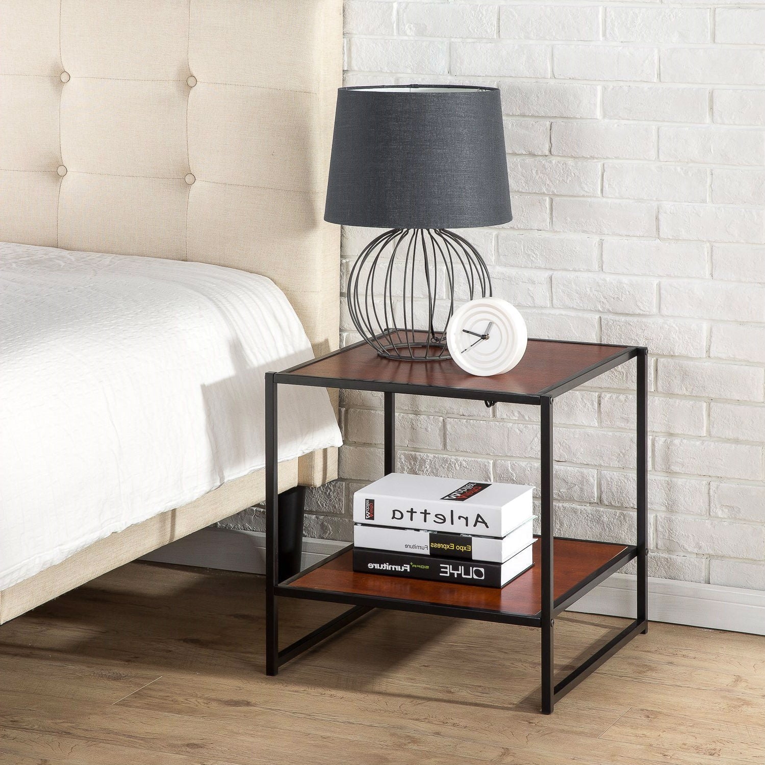 Modern Steel Frame End Table Nightstand in Brown - Image 2