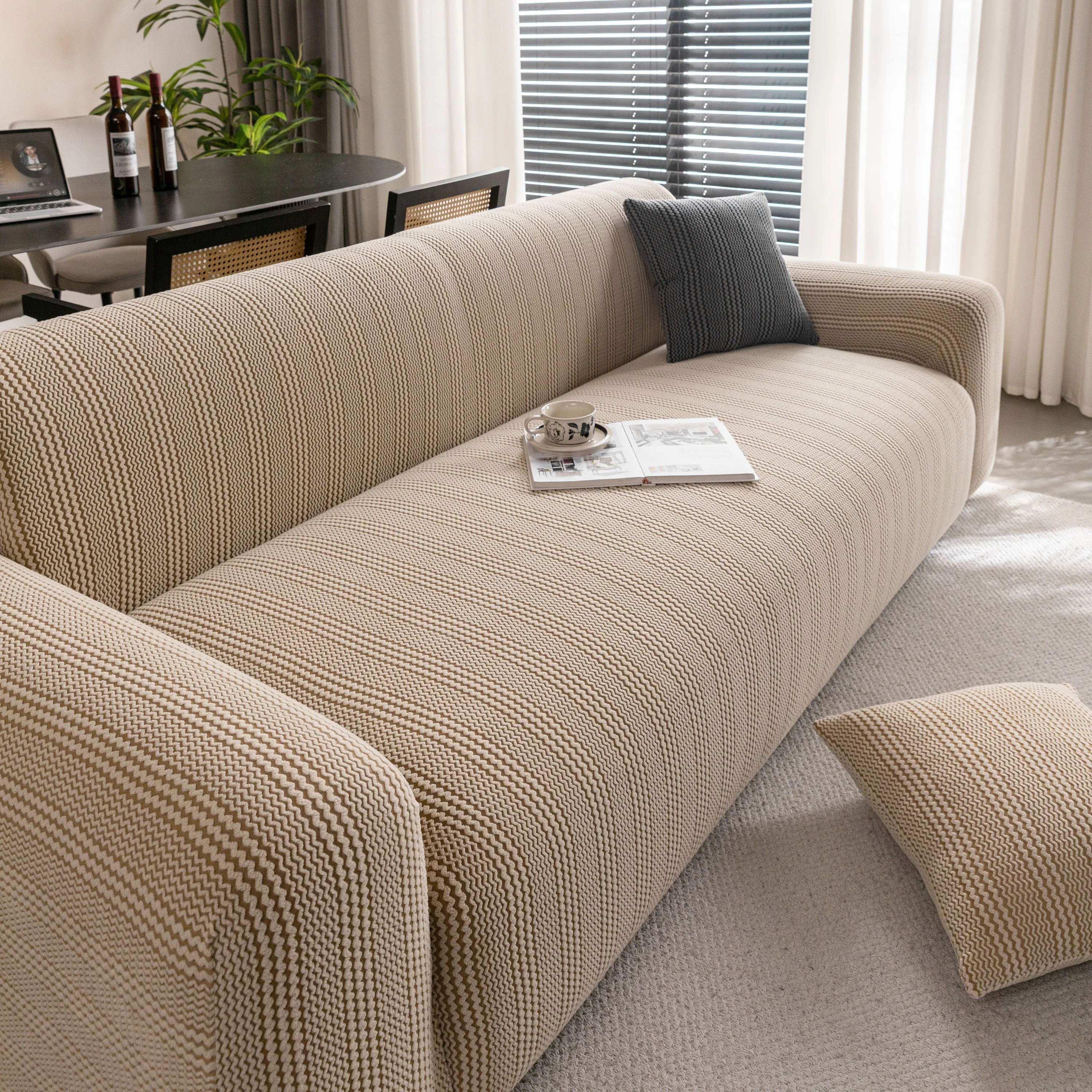 Modern Textured Stretch Sofa Cover, Plush Fleece Sofa Slipcover with 3D Stripe Texture - Image 15