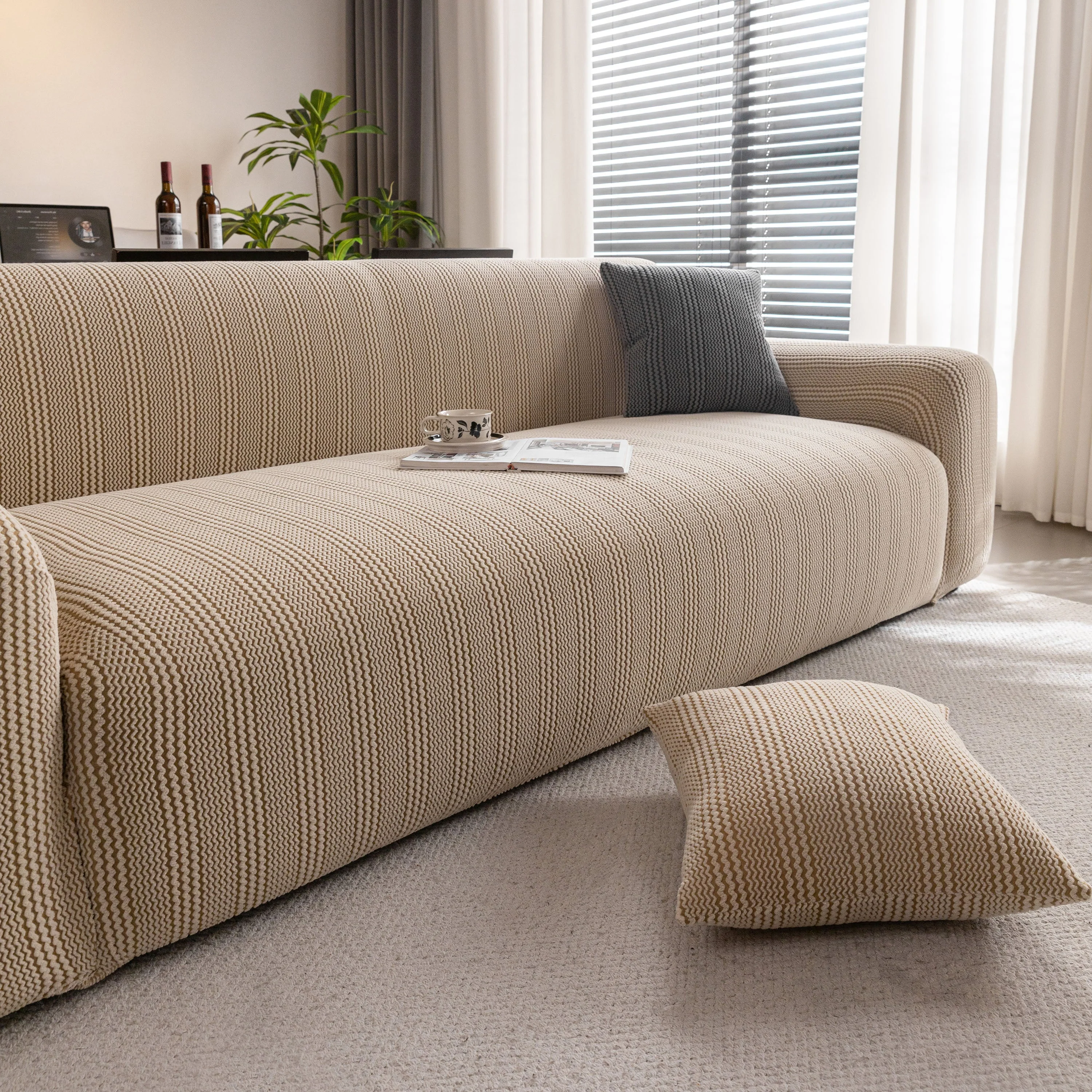 Modern Textured Stretch Sofa Cover, Plush Fleece Sofa Slipcover with 3D Stripe Texture - Image 18