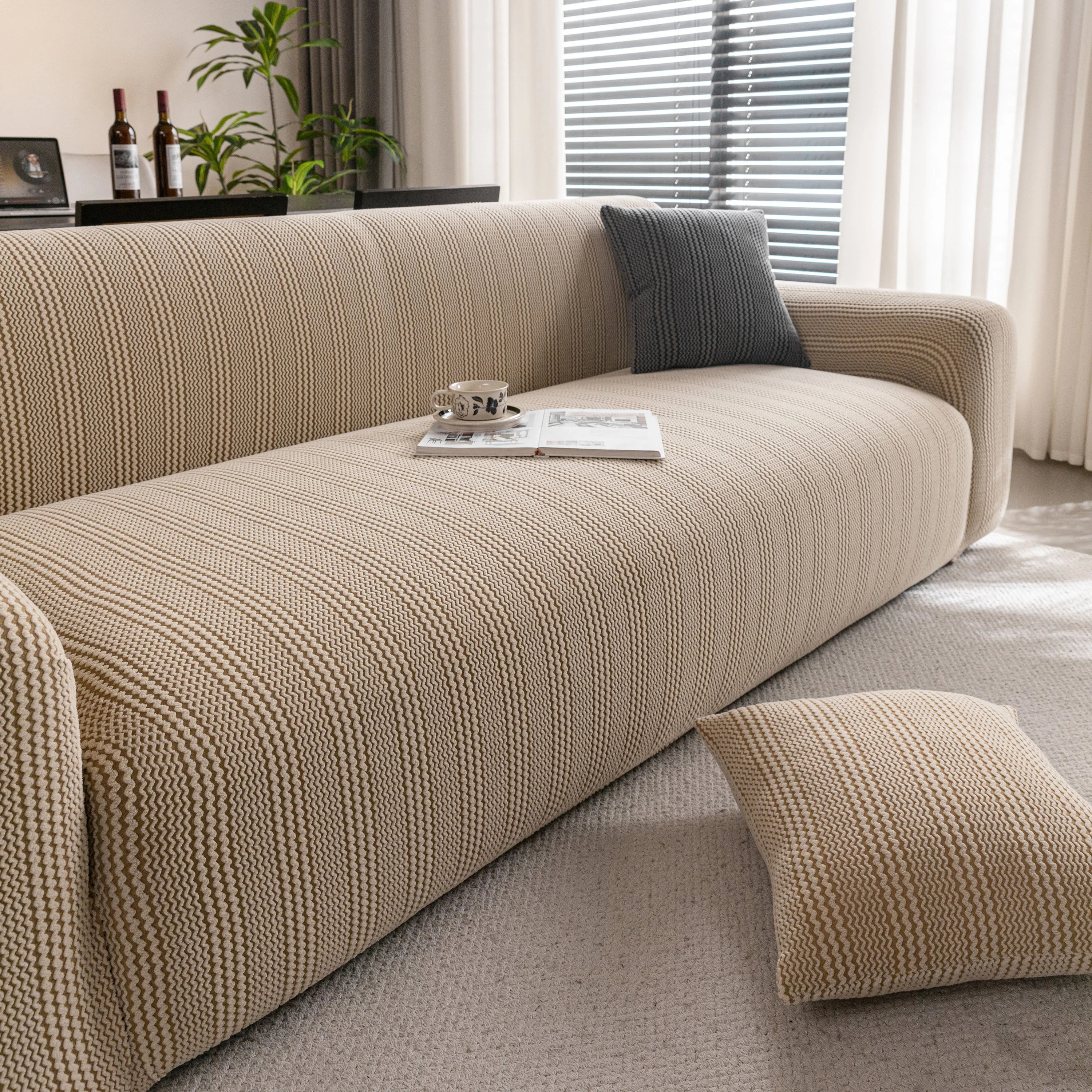 Modern Textured Stretch Sofa Cover, Plush Fleece Sofa Slipcover with 3D Stripe Texture - Image 19
