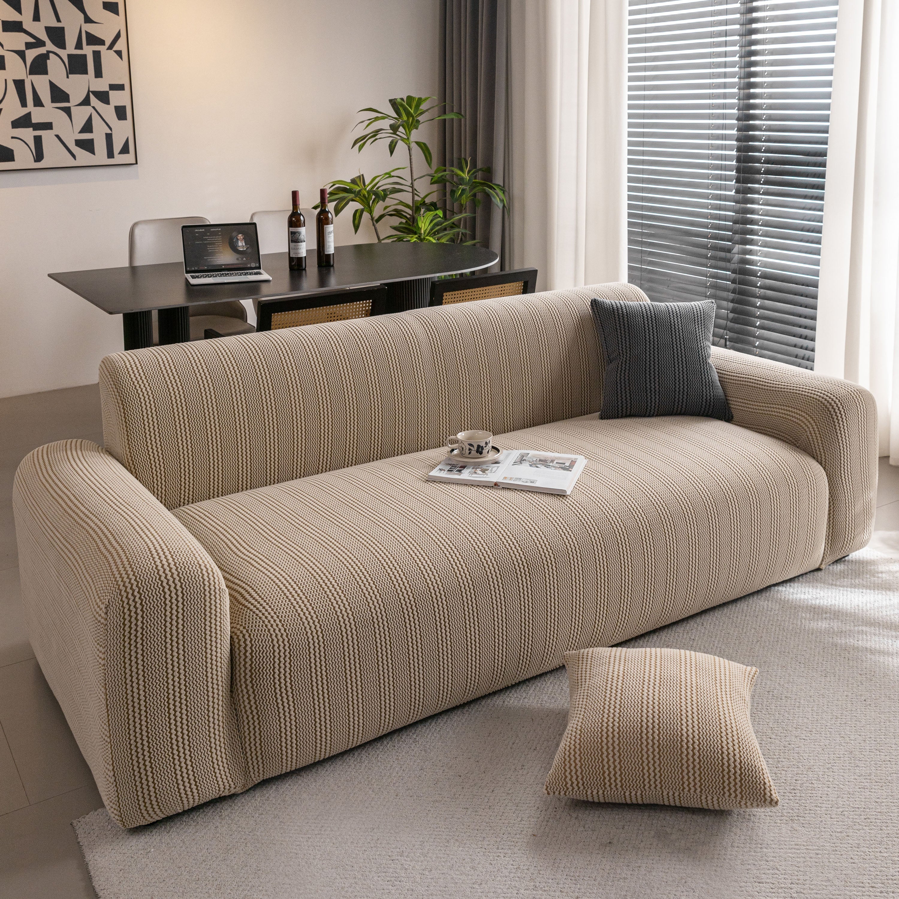 Modern Textured Stretch Sofa Cover, Plush Fleece Sofa Slipcover with 3D Stripe Texture - Image 2
