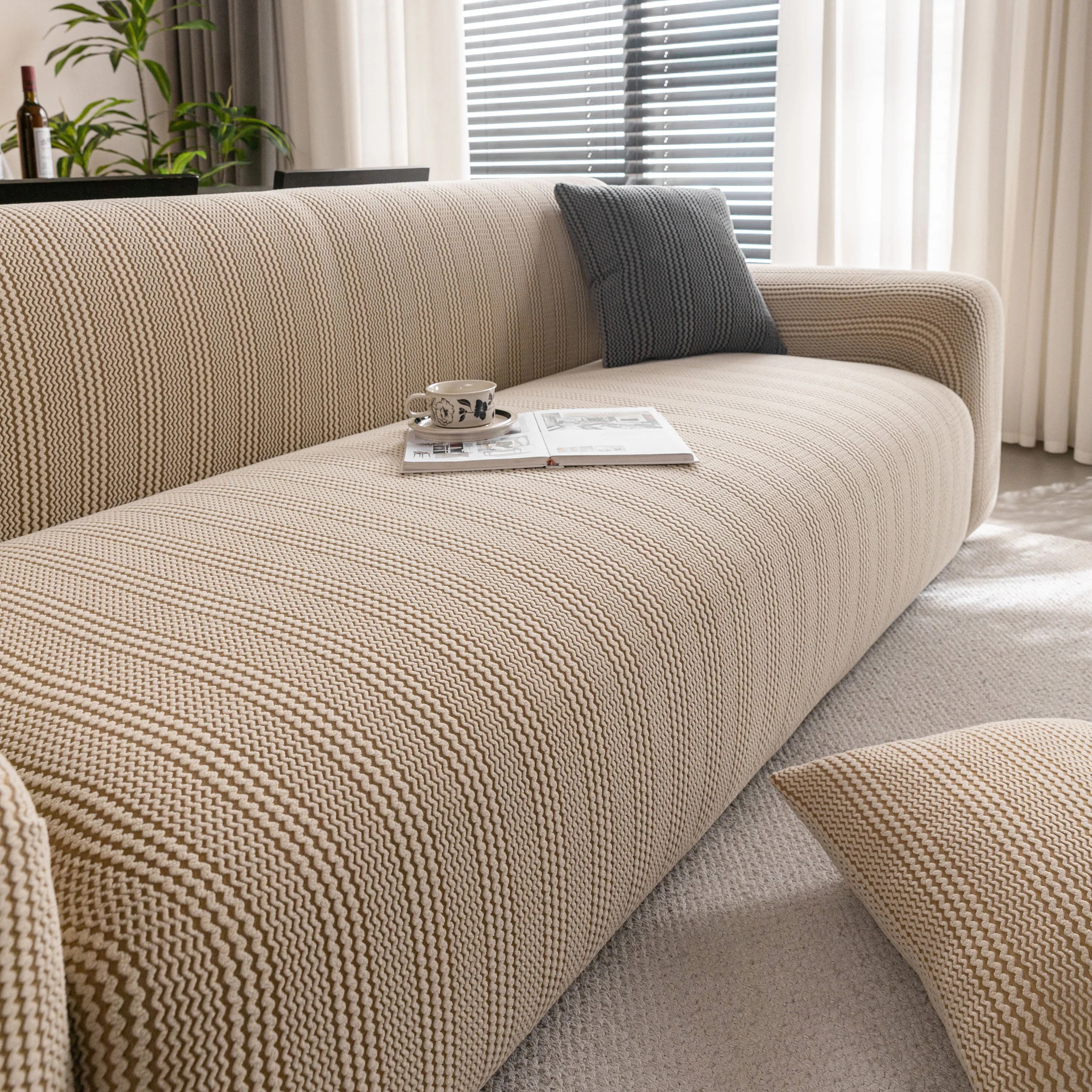 Modern Textured Stretch Sofa Cover, Plush Fleece Sofa Slipcover with 3D Stripe Texture - Image 20