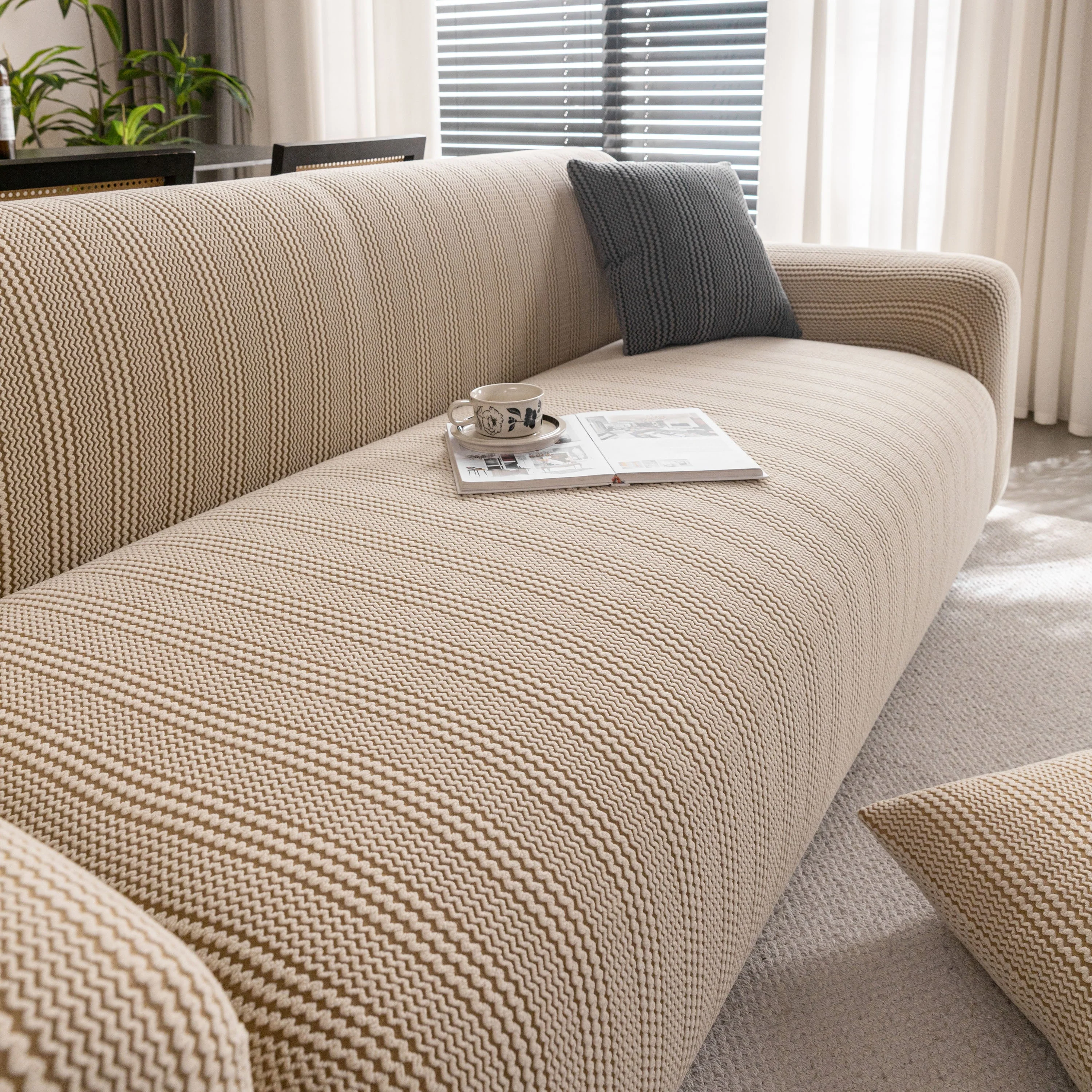 Modern Textured Stretch Sofa Cover, Plush Fleece Sofa Slipcover with 3D Stripe Texture - Image 21