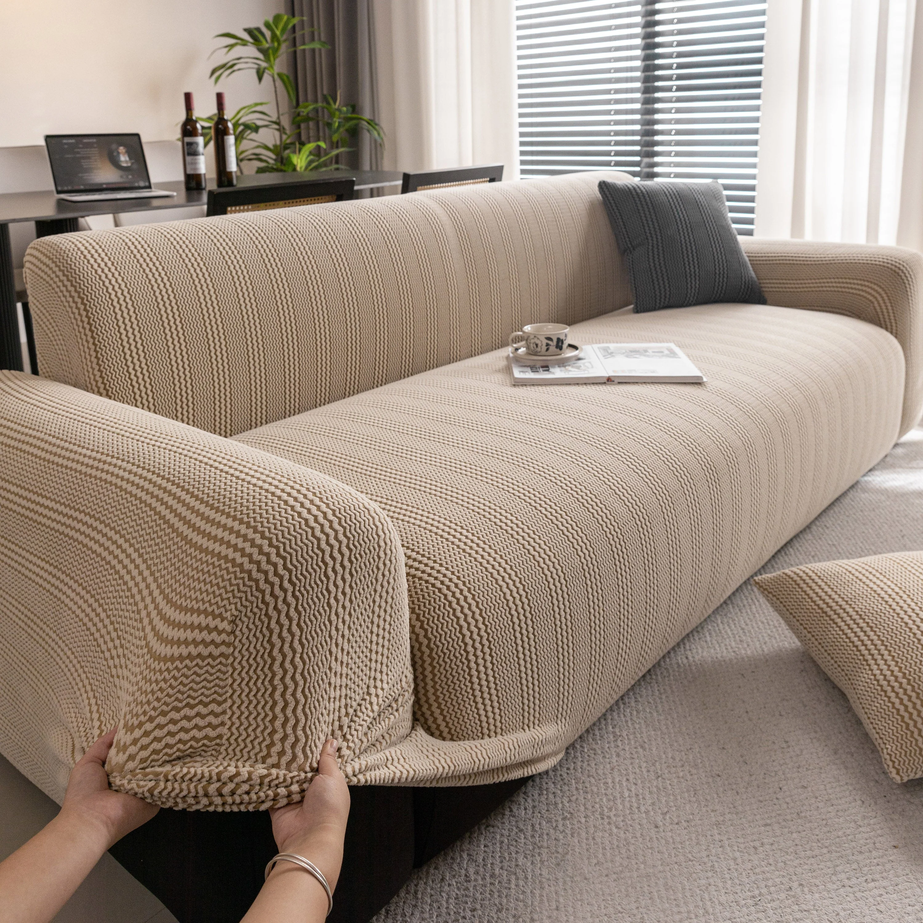 Modern Textured Stretch Sofa Cover, Plush Fleece Sofa Slipcover with 3D Stripe Texture - Image 22
