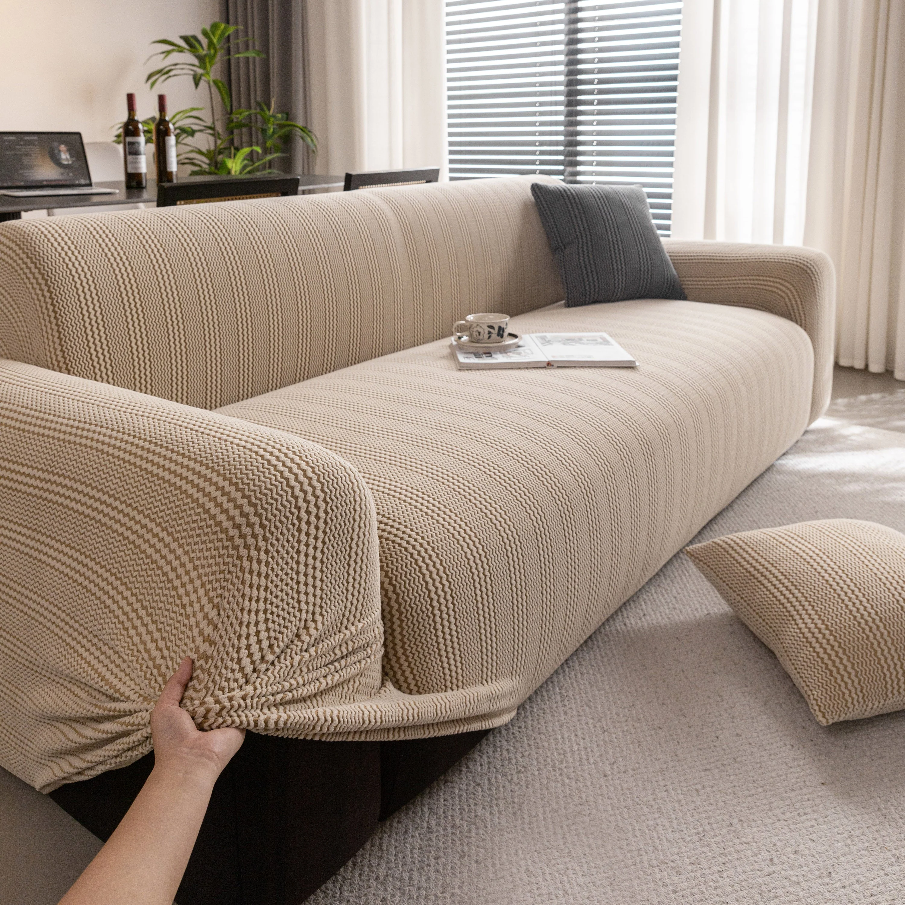 Modern Textured Stretch Sofa Cover, Plush Fleece Sofa Slipcover with 3D Stripe Texture - Image 23