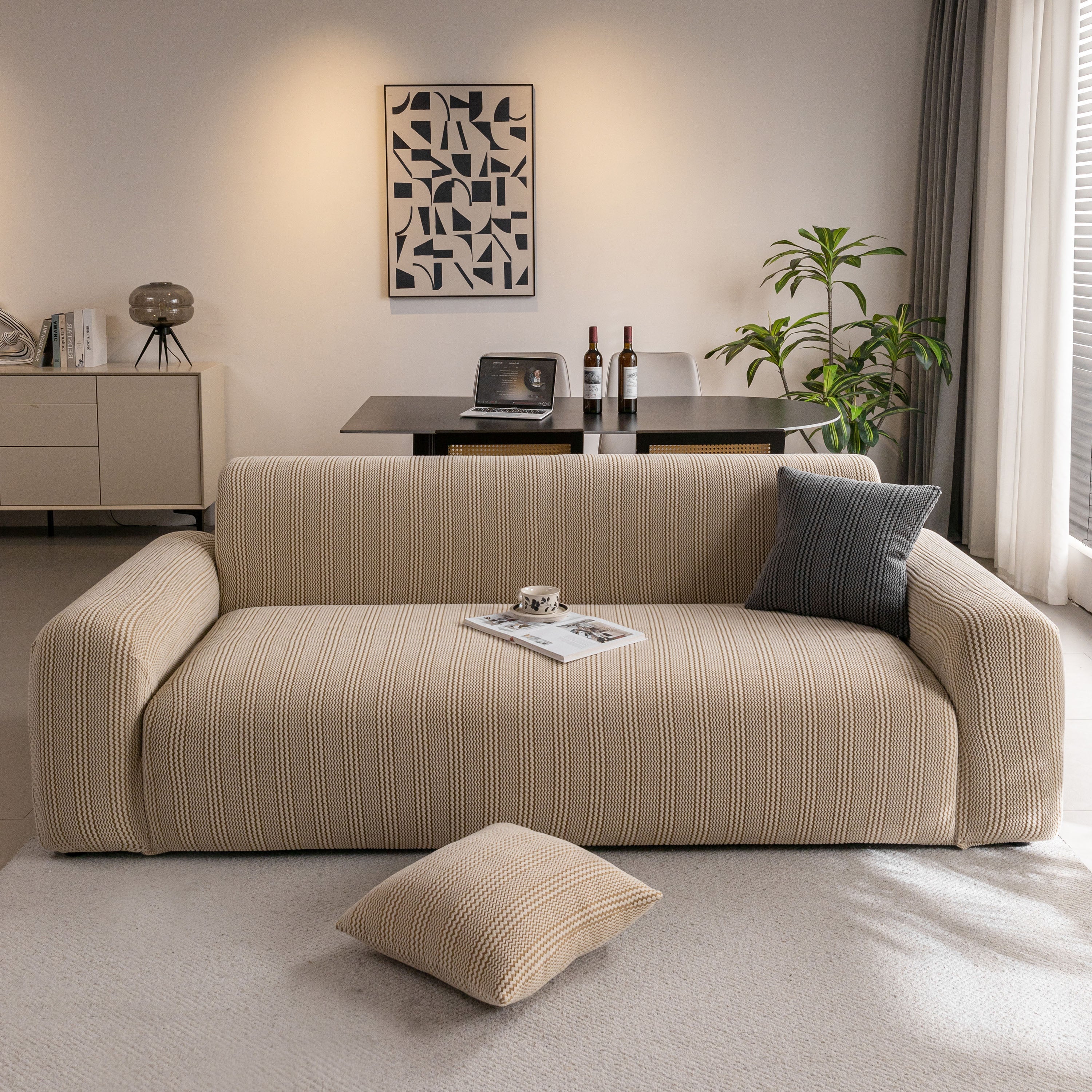 Modern Textured Stretch Sofa Cover, Plush Fleece Sofa Slipcover with 3D Stripe Texture - Image 3