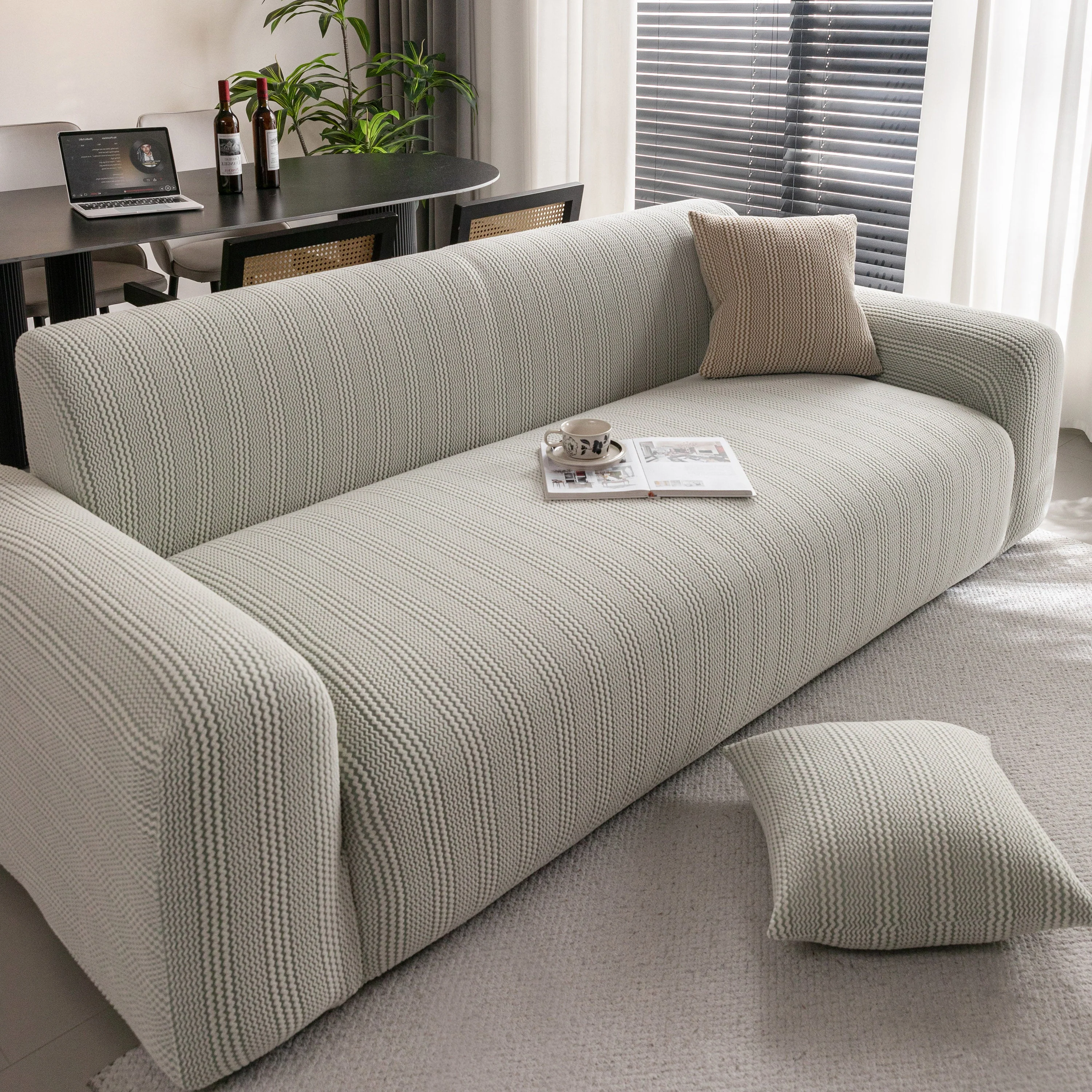 Modern Textured Stretch Sofa Cover, Plush Fleece Sofa Slipcover with 3D Stripe Texture - Image 32