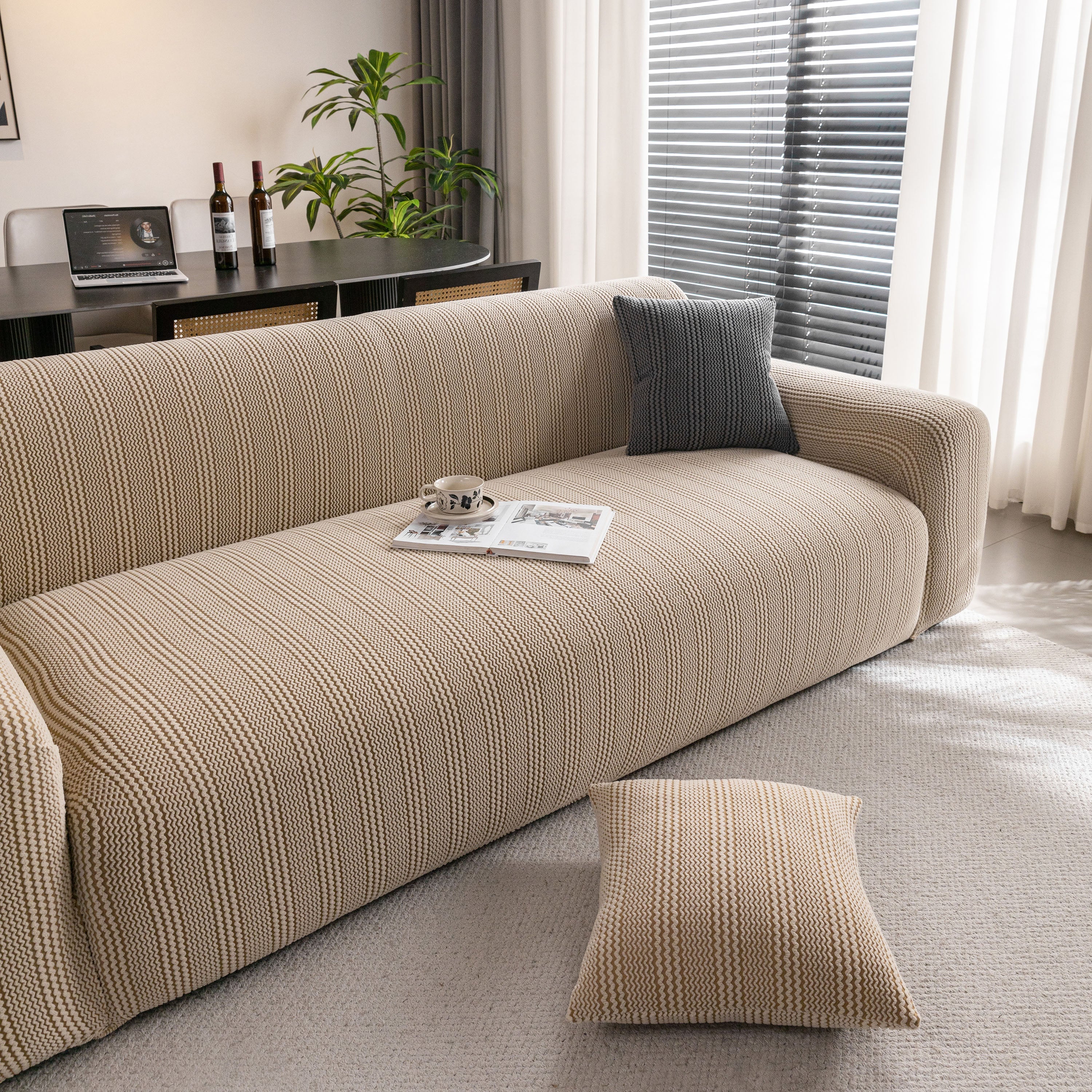 Modern Textured Stretch Sofa Cover, Plush Fleece Sofa Slipcover with 3D Stripe Texture - Image 4