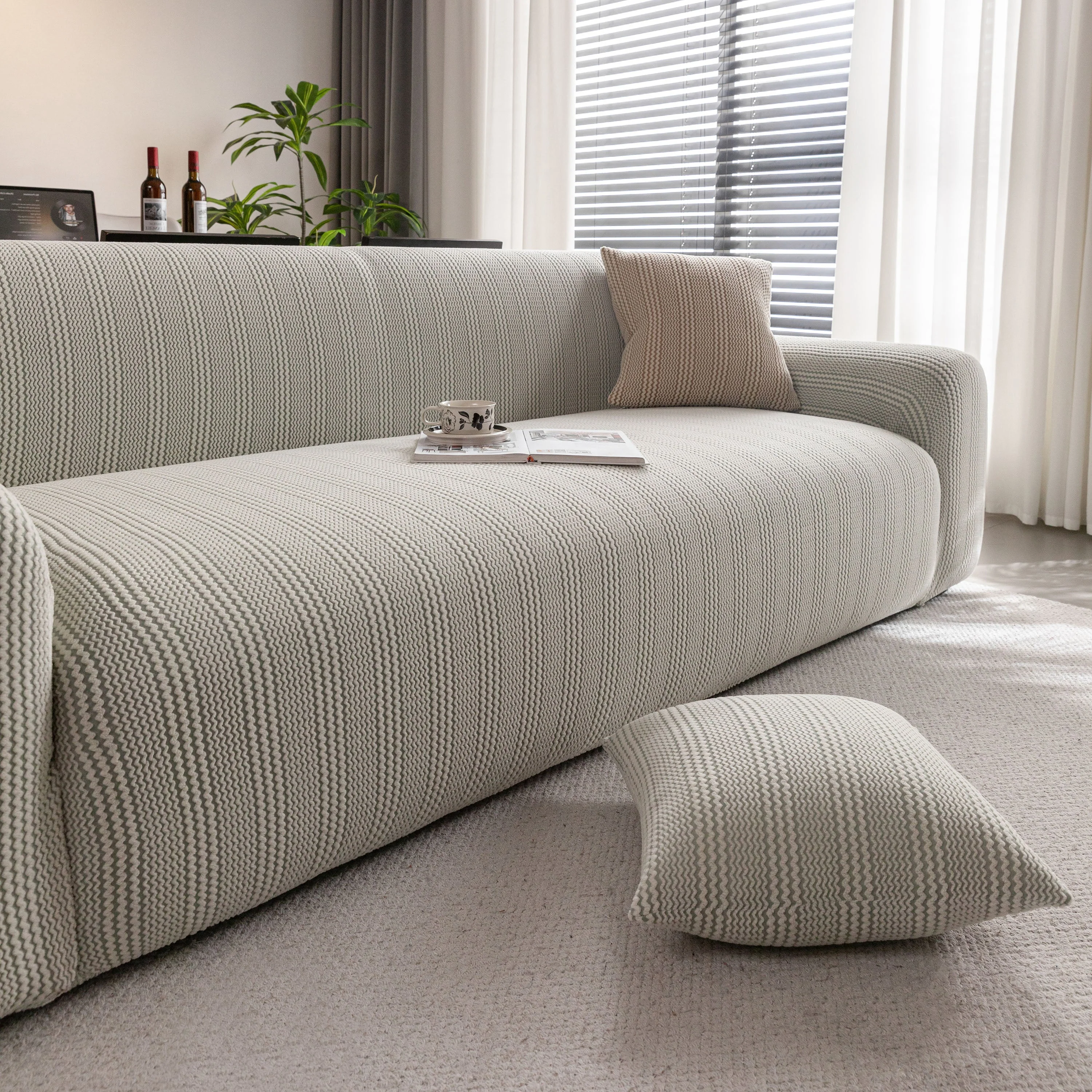 Modern Textured Stretch Sofa Cover, Plush Fleece Sofa Slipcover with 3D Stripe Texture - Image 44