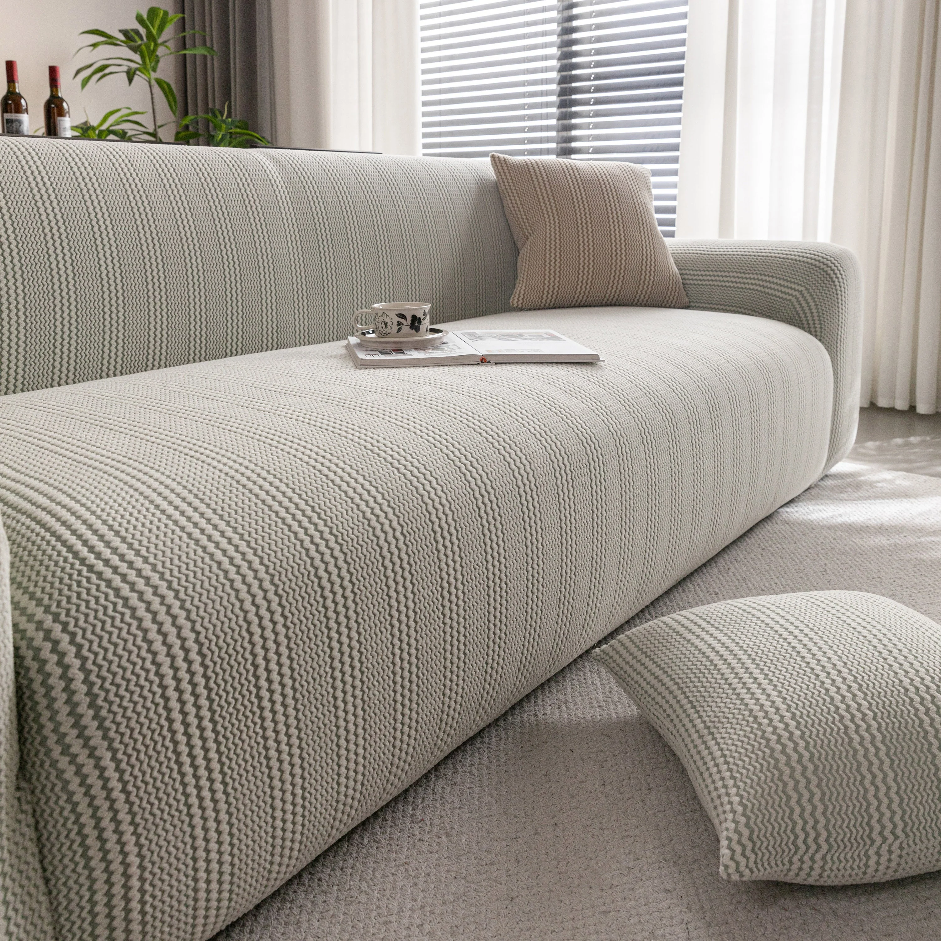 Modern Textured Stretch Sofa Cover, Plush Fleece Sofa Slipcover with 3D Stripe Texture - Image 45