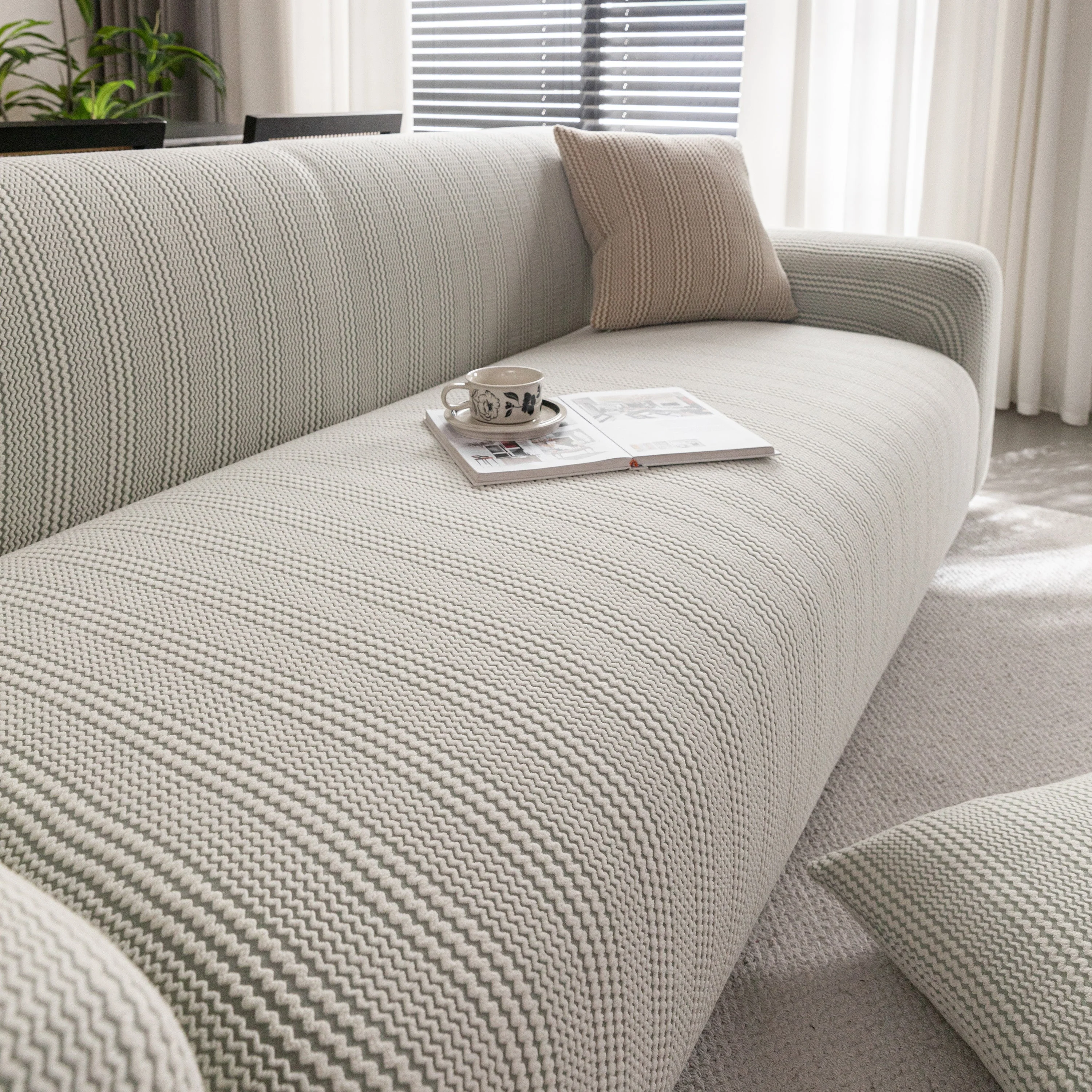 Modern Textured Stretch Sofa Cover, Plush Fleece Sofa Slipcover with 3D Stripe Texture - Image 46
