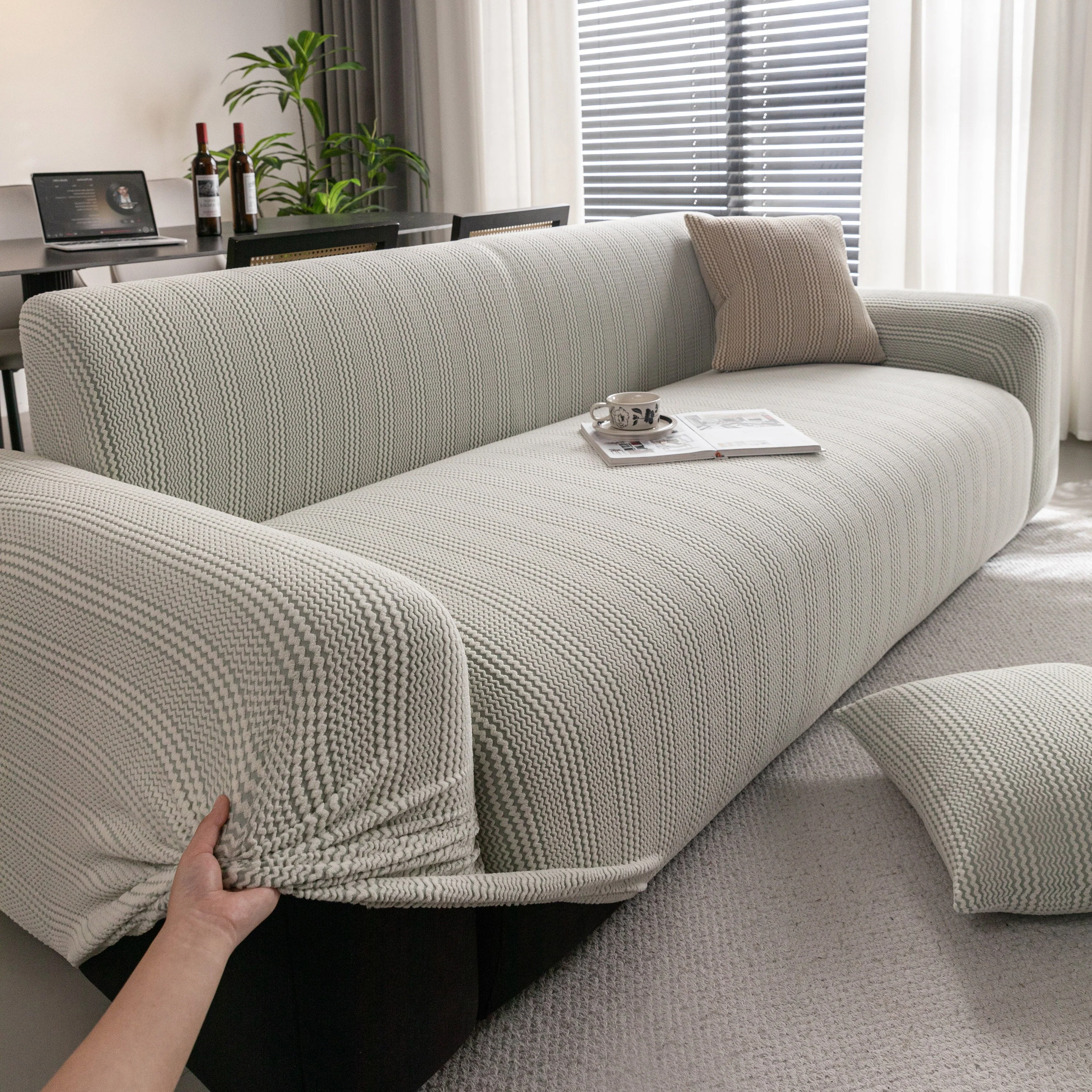 Modern Textured Stretch Sofa Cover, Plush Fleece Sofa Slipcover with 3D Stripe Texture - Image 47