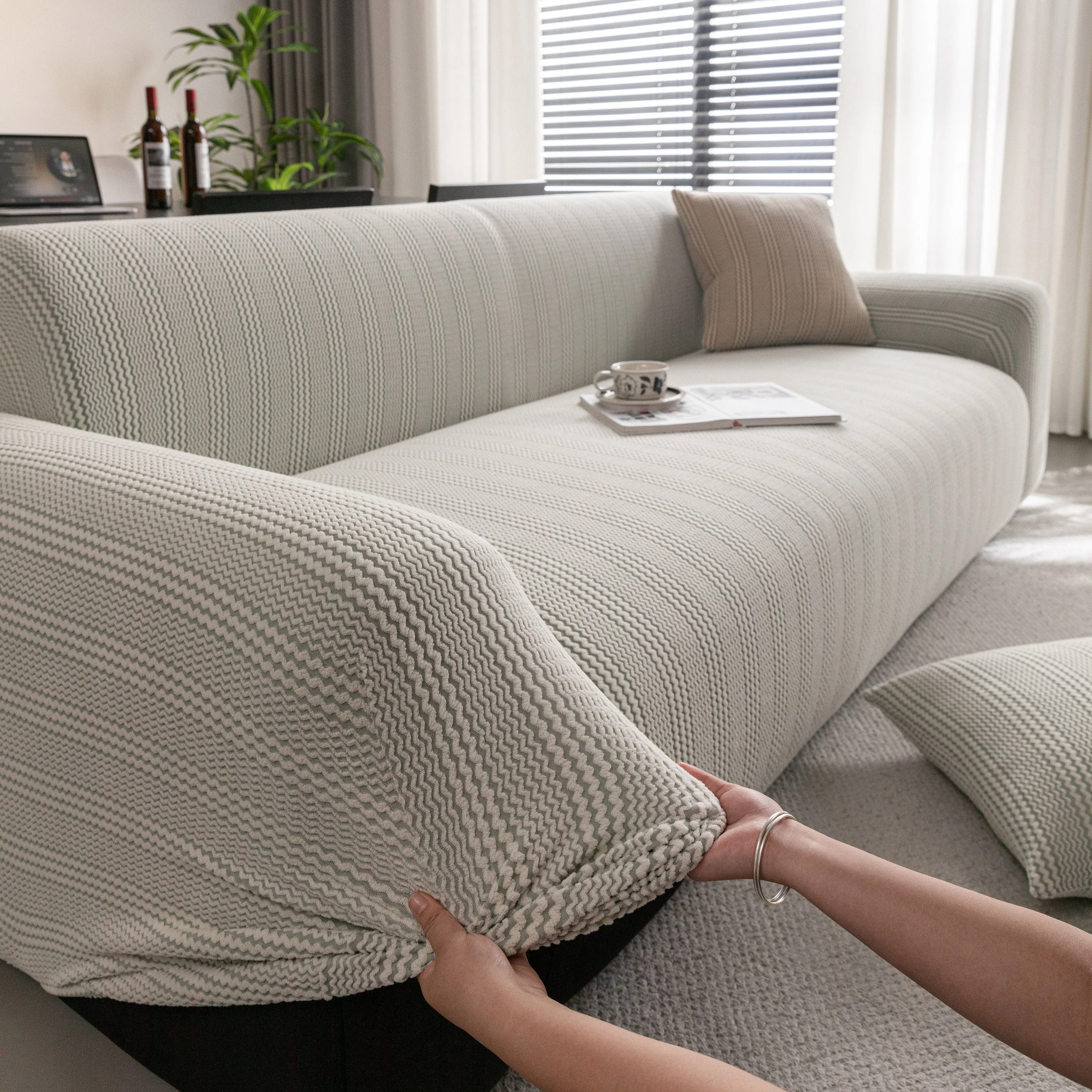 Modern Textured Stretch Sofa Cover, Plush Fleece Sofa Slipcover with 3D Stripe Texture - Image 48