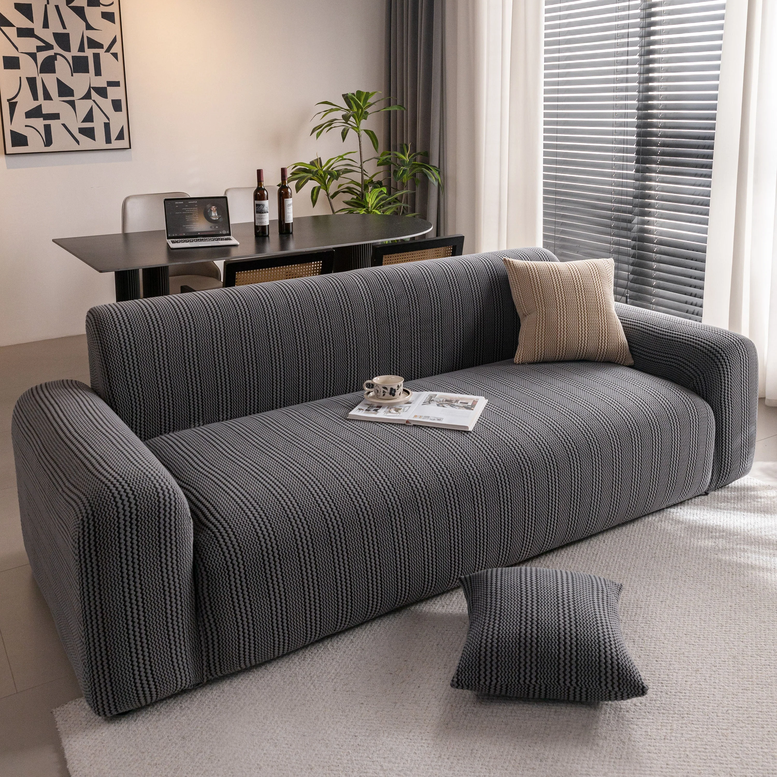 Modern Textured Stretch Sofa Cover, Plush Fleece Sofa Slipcover with 3D Stripe Texture - Image 52