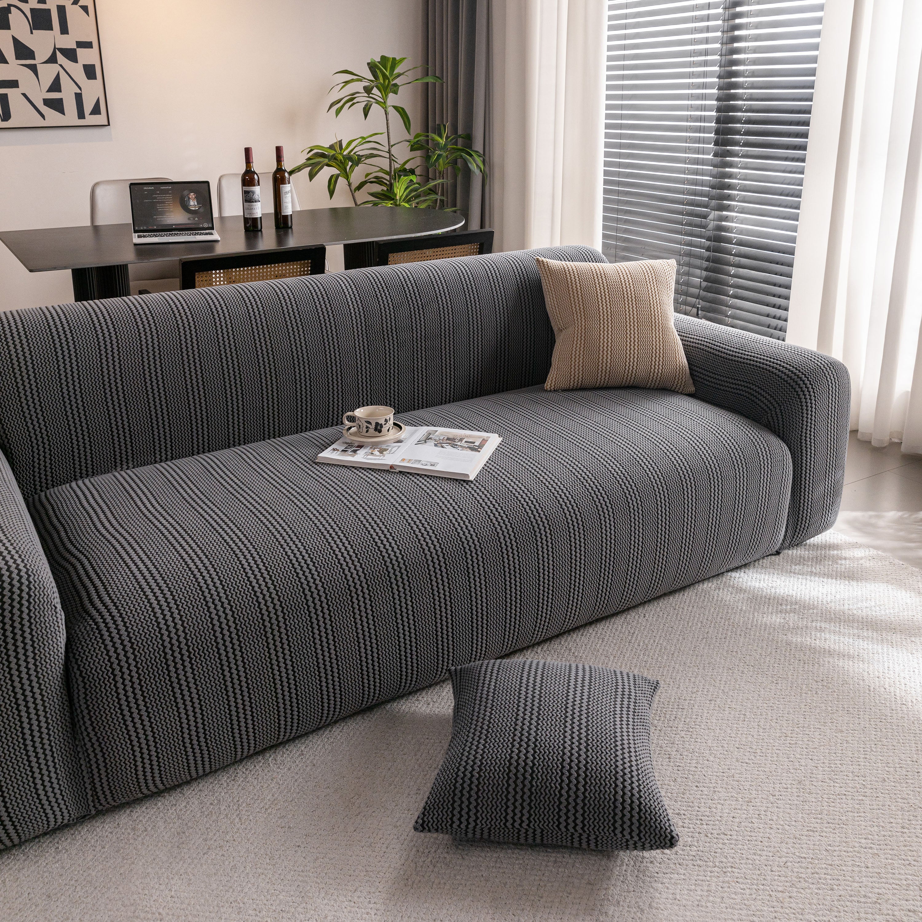 Modern Textured Stretch Sofa Cover, Plush Fleece Sofa Slipcover with 3D Stripe Texture - Image 54