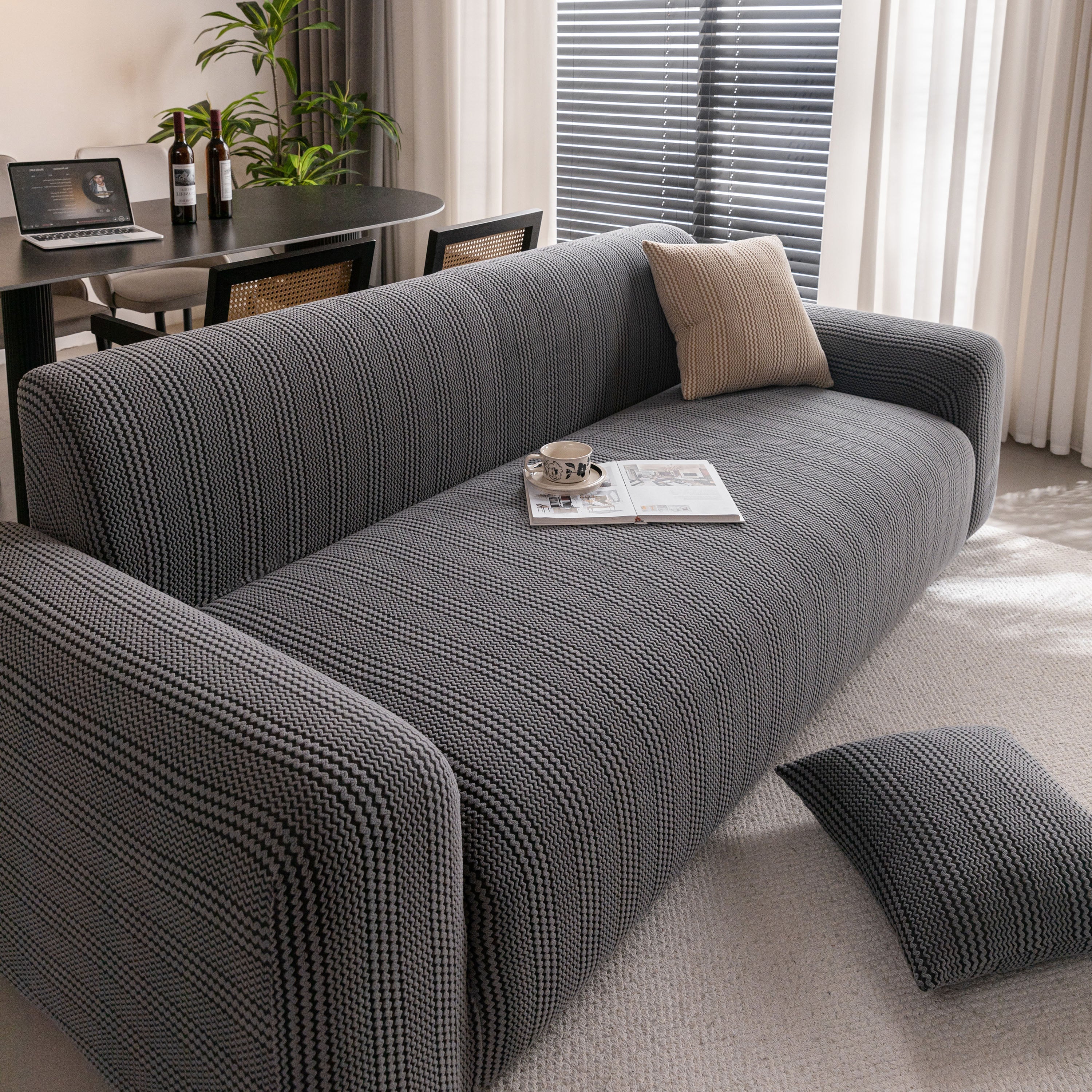 Modern Textured Stretch Sofa Cover, Plush Fleece Sofa Slipcover with 3D Stripe Texture - Image 56