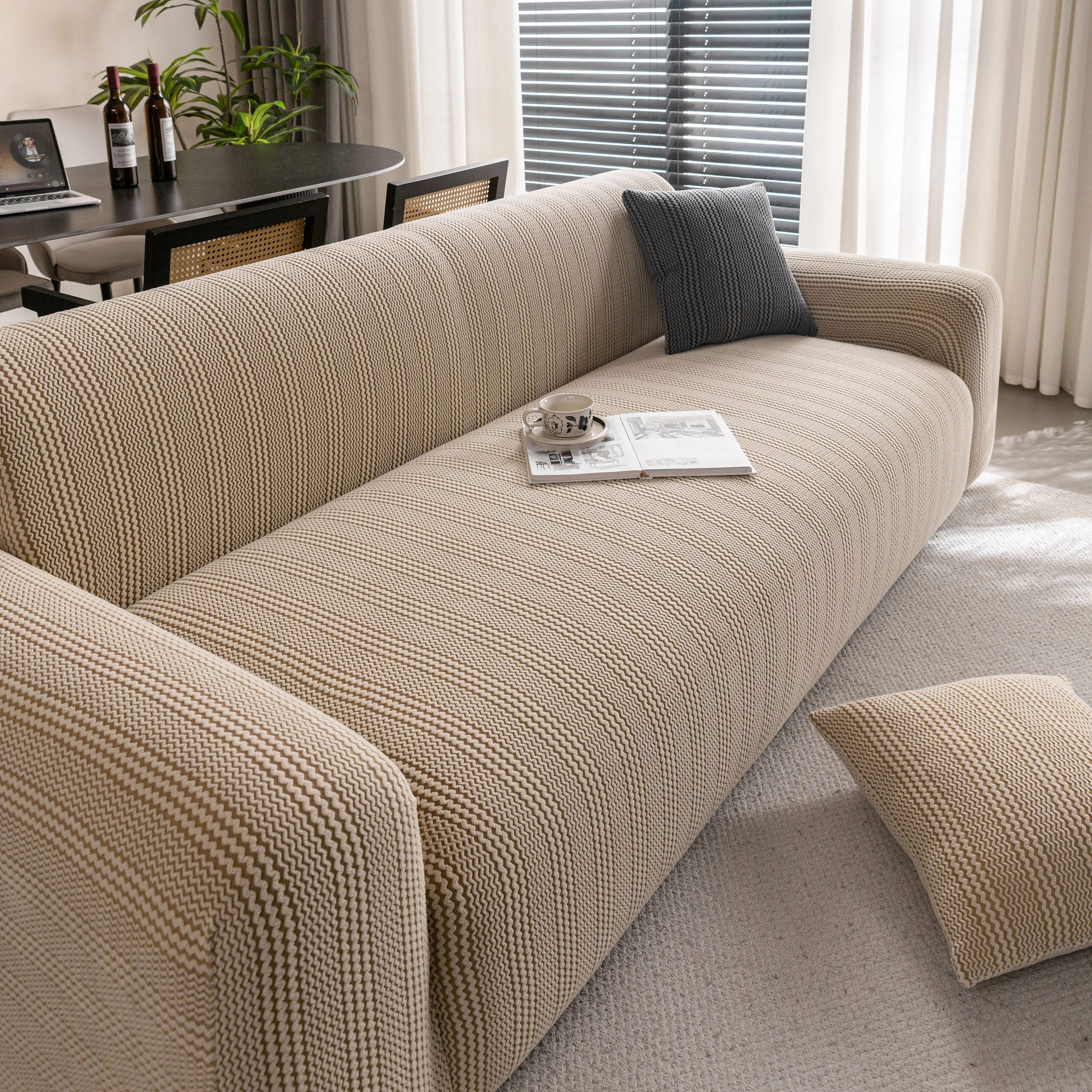 Modern Textured Stretch Sofa Cover, Plush Fleece Sofa Slipcover with 3D Stripe Texture - Image 6