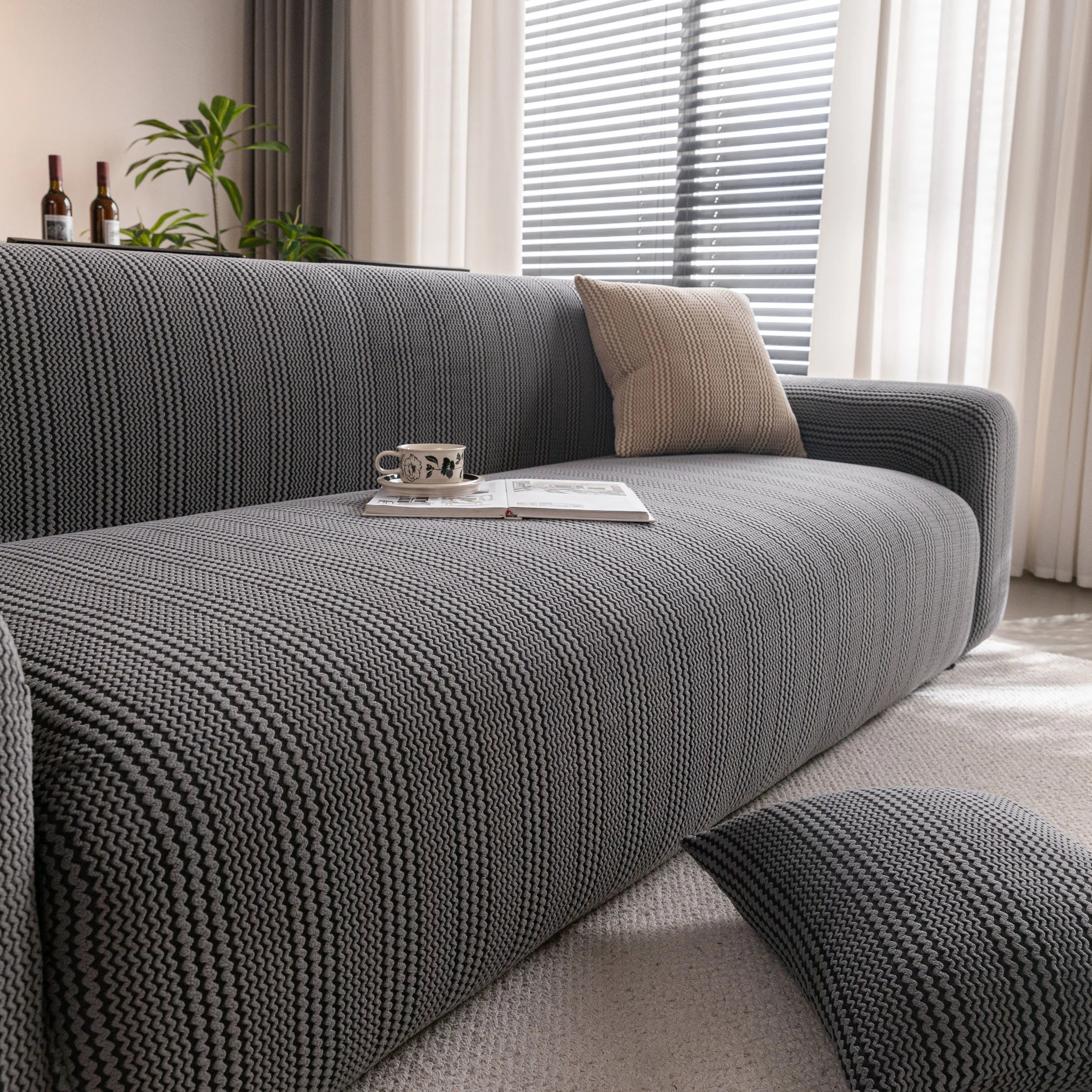 Modern Textured Stretch Sofa Cover, Plush Fleece Sofa Slipcover with 3D Stripe Texture - Image 66