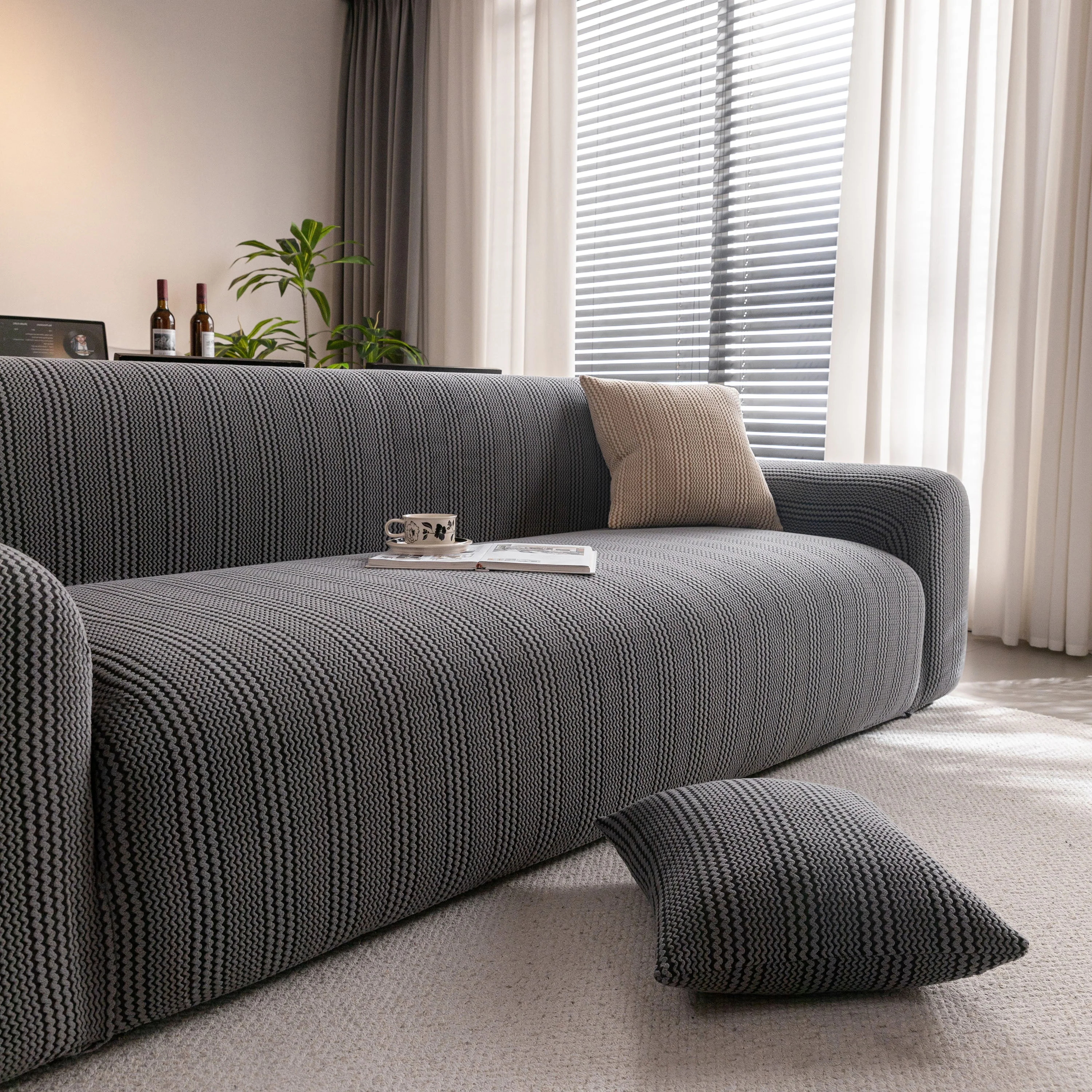 Modern Textured Stretch Sofa Cover, Plush Fleece Sofa Slipcover with 3D Stripe Texture - Image 67