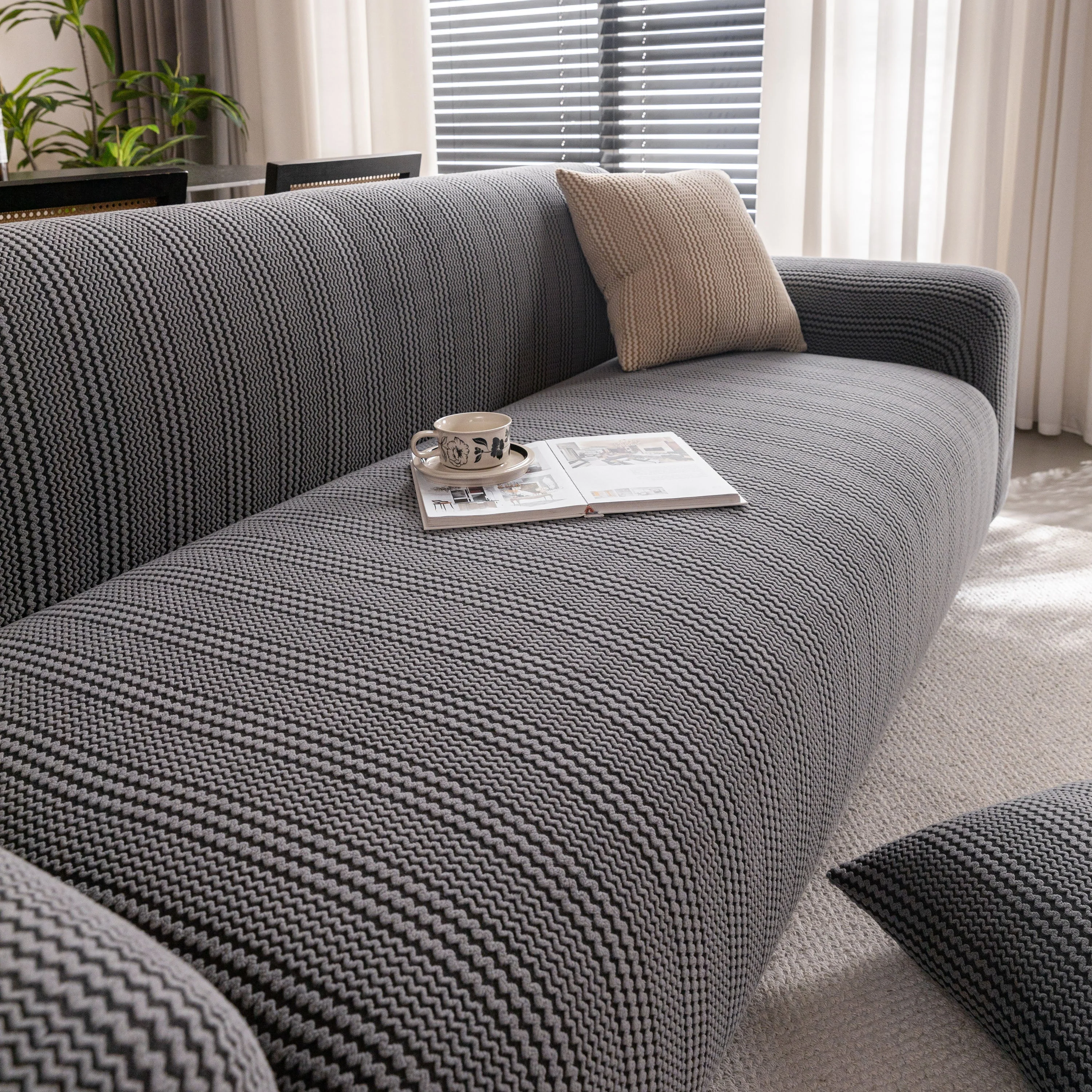 Modern Textured Stretch Sofa Cover, Plush Fleece Sofa Slipcover with 3D Stripe Texture - Image 68