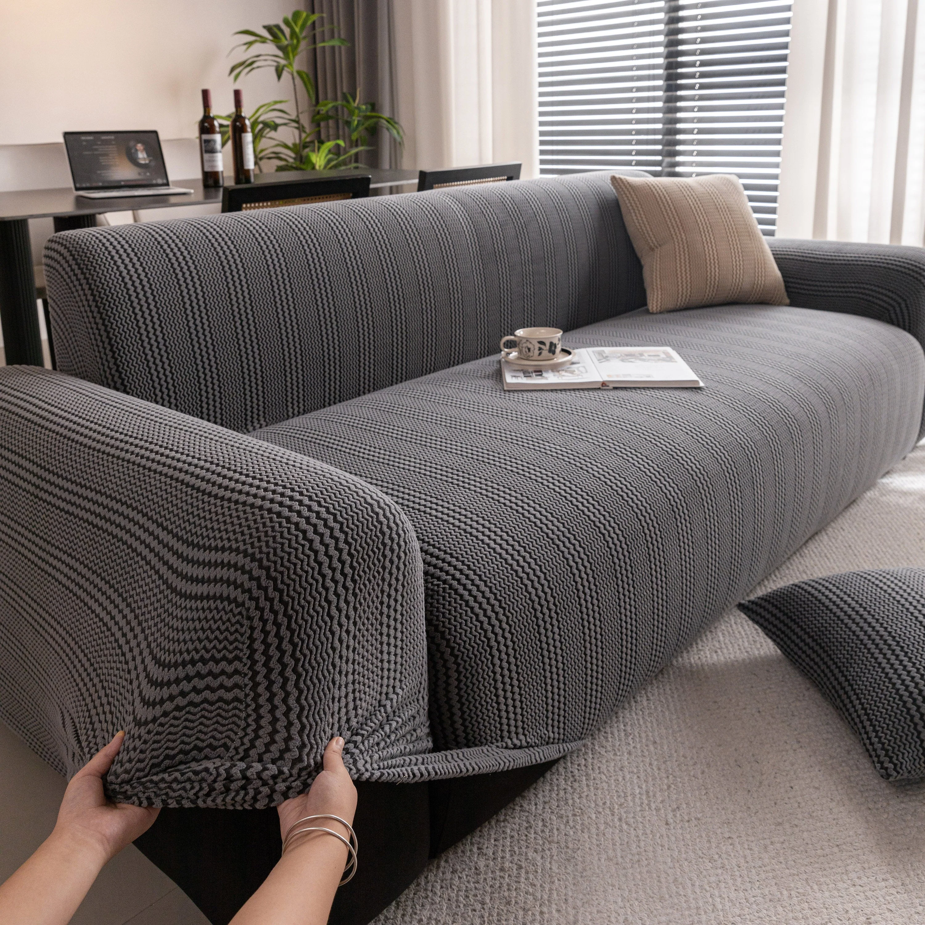 Modern Textured Stretch Sofa Cover, Plush Fleece Sofa Slipcover with 3D Stripe Texture - Image 69