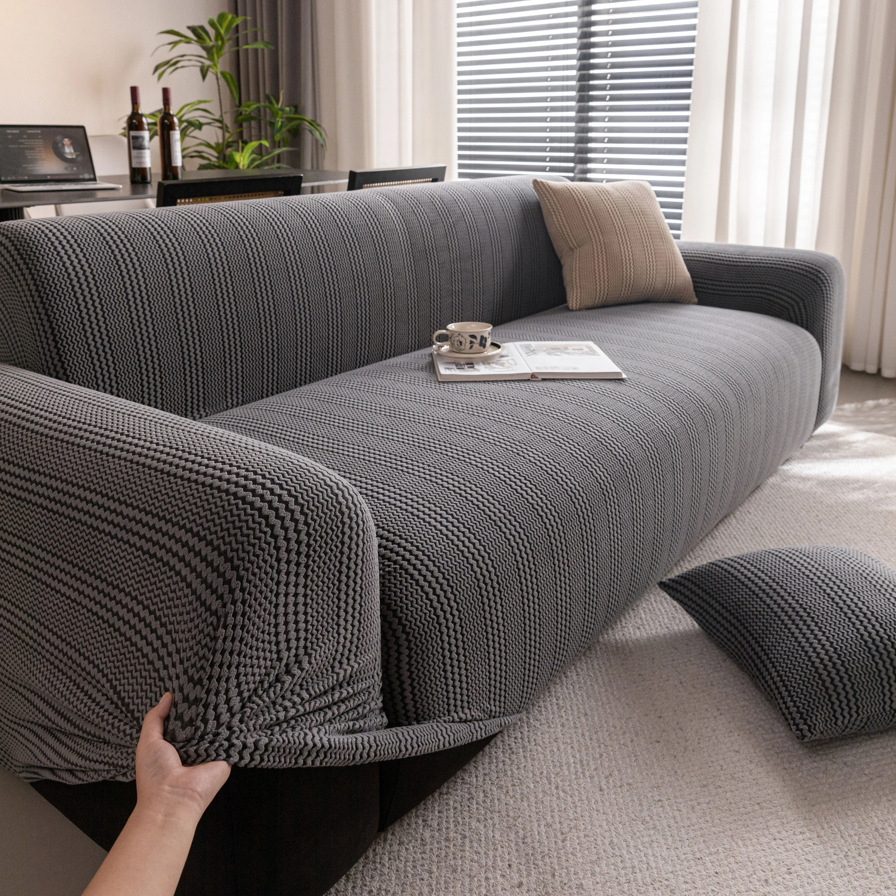 Modern Textured Stretch Sofa Cover, Plush Fleece Sofa Slipcover with 3D Stripe Texture - Image 70