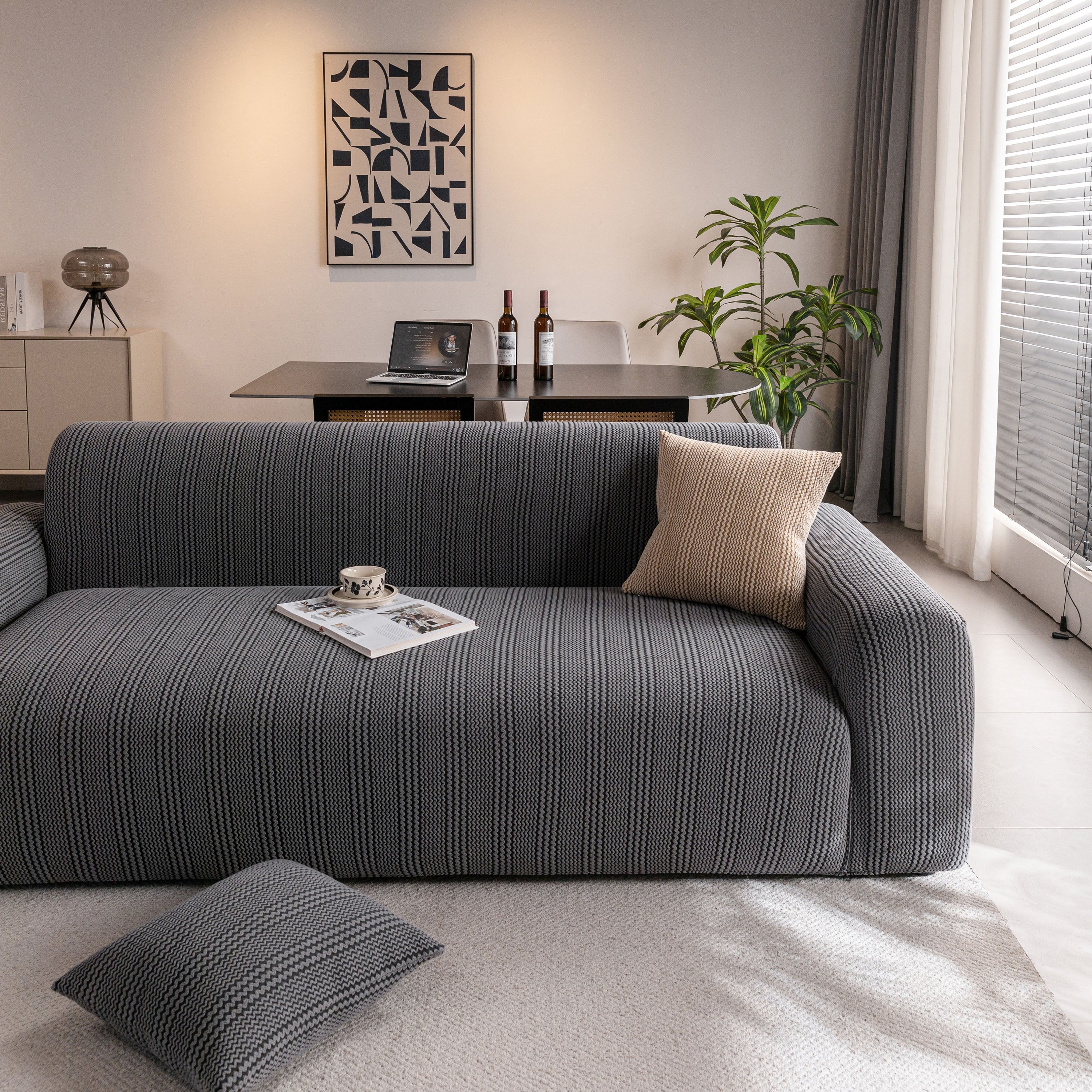 Modern Textured Stretch Sofa Cover, Plush Fleece Sofa Slipcover with 3D Stripe Texture - Image 74