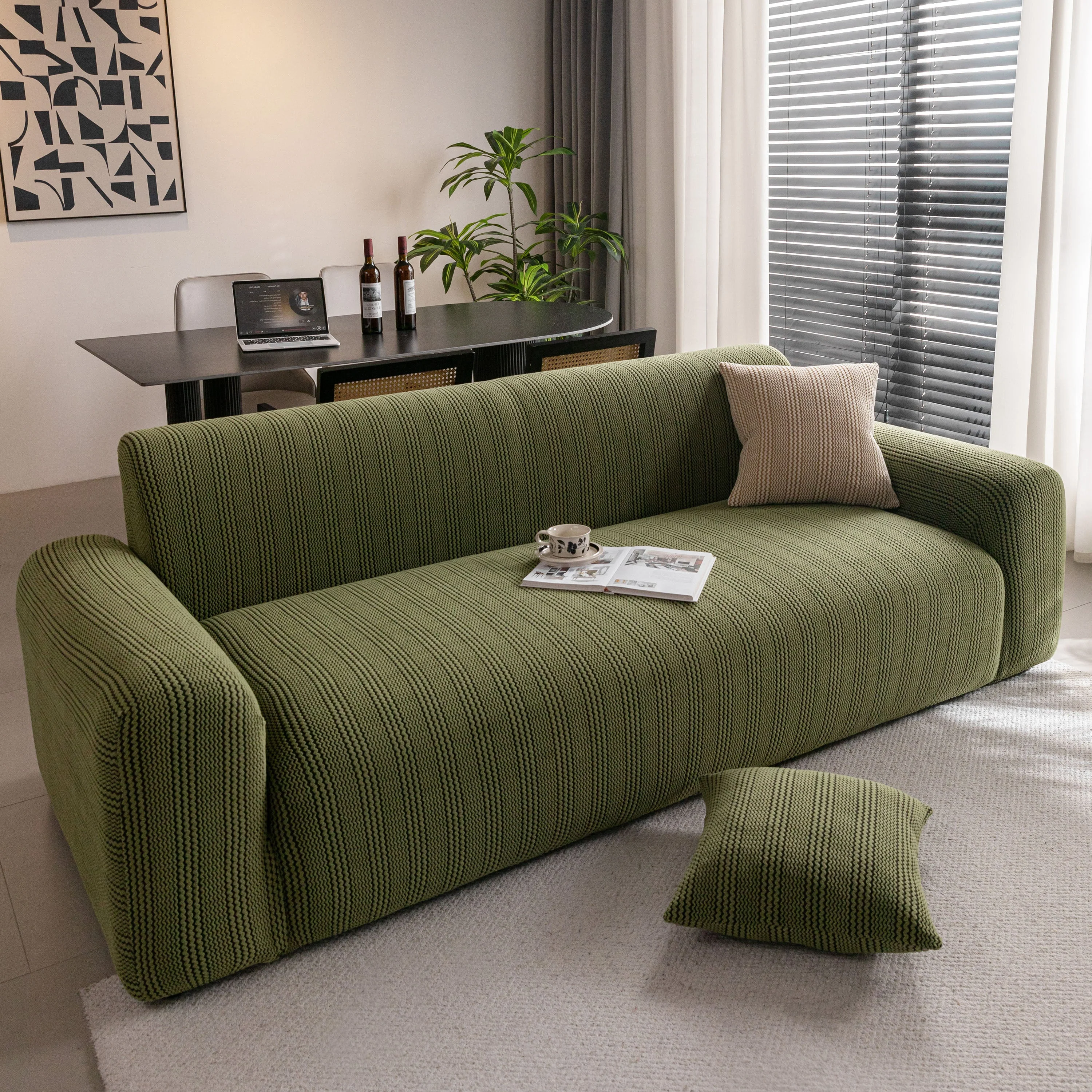 Modern Textured Stretch Sofa Cover, Plush Fleece Sofa Slipcover with 3D Stripe Texture - Image 75