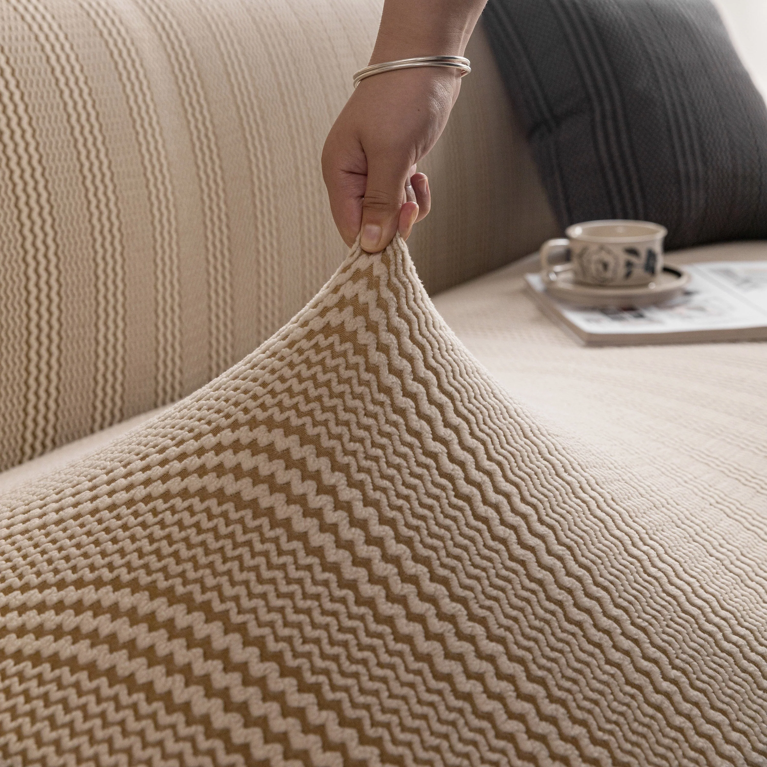 Modern Textured Stretch Sofa Cover, Plush Fleece Sofa Slipcover with 3D Stripe Texture - Image 9