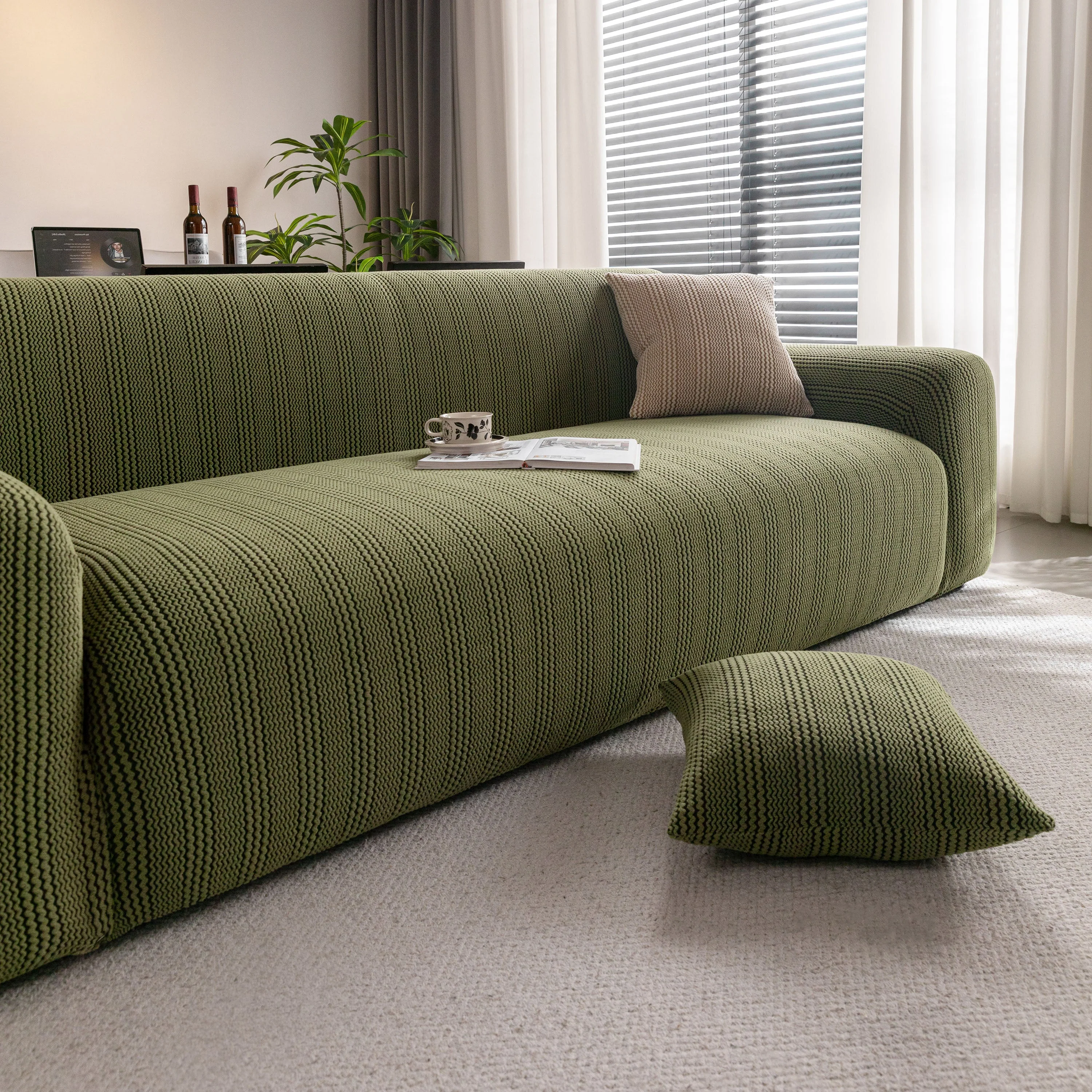 Modern Textured Stretch Sofa Cover, Plush Fleece Sofa Slipcover with 3D Stripe Texture - Image 90