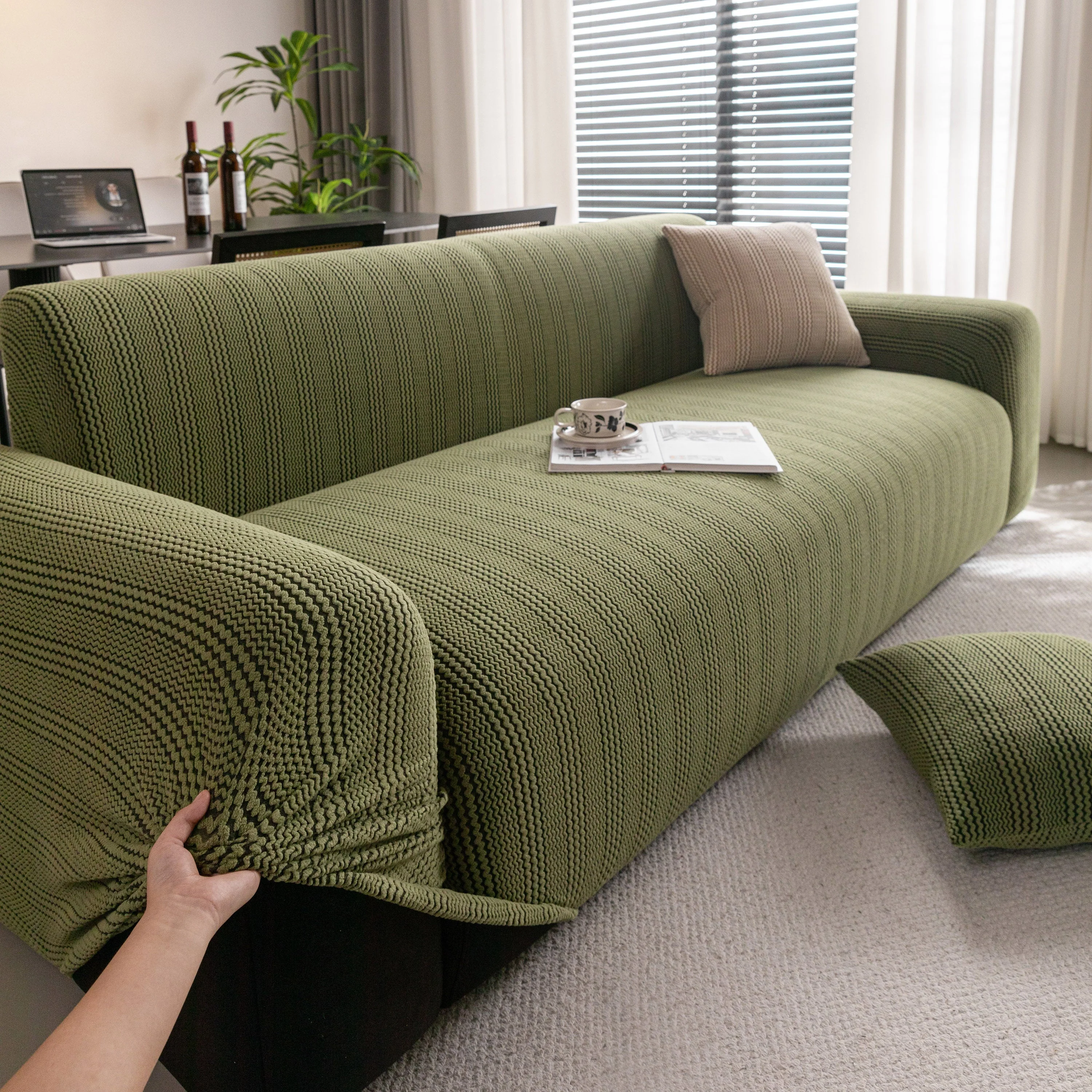 Modern Textured Stretch Sofa Cover, Plush Fleece Sofa Slipcover with 3D Stripe Texture - Image 93