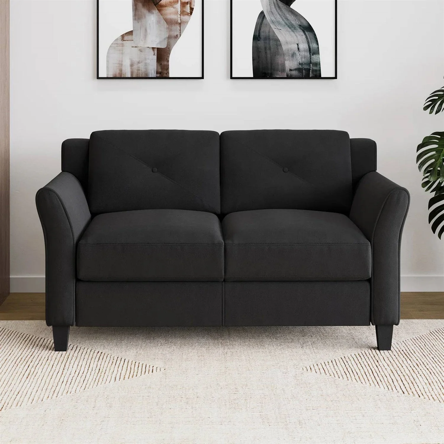 Modern Upholstered Loveseat Sofa in Black Microfiber with Button Tufted Cushions - Image 2