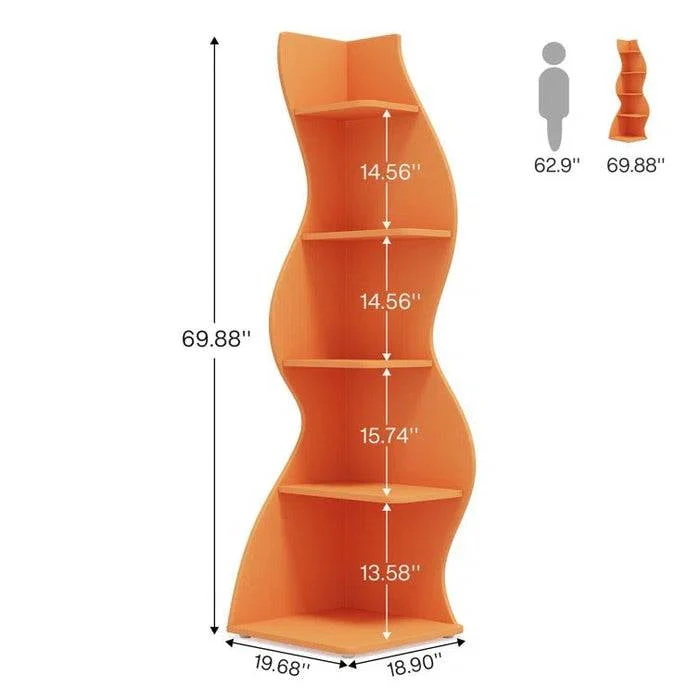 Modern Wave Shape 5 Shelf Corner Bookcase in Orange Wood Finish - Image 2