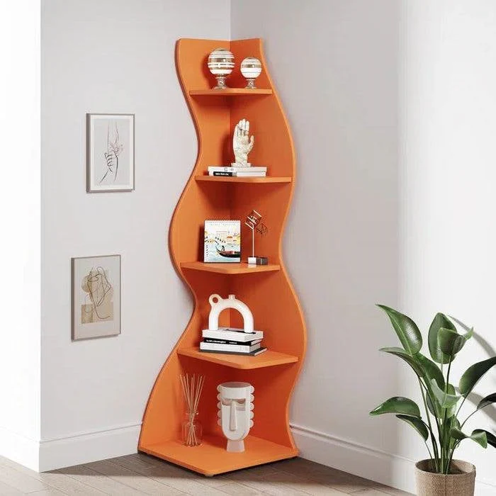 Modern Wave Shape 5 Shelf Corner Bookcase in Orange Wood Finish - Image 3