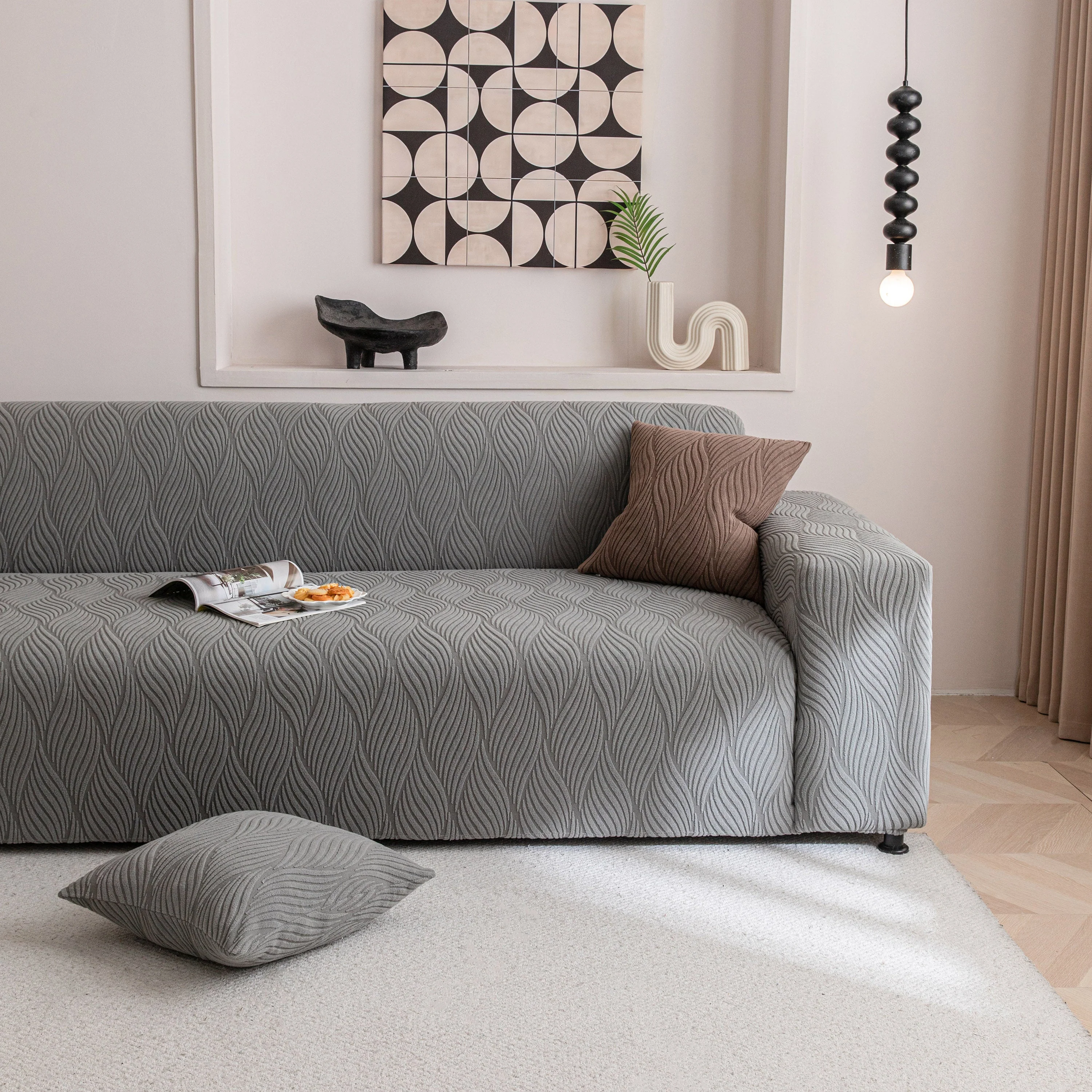 Modern Wavy Jacquard Sofa Slipcover, High Stretch Sofa Cover with 3D Organic Texture - Image 103