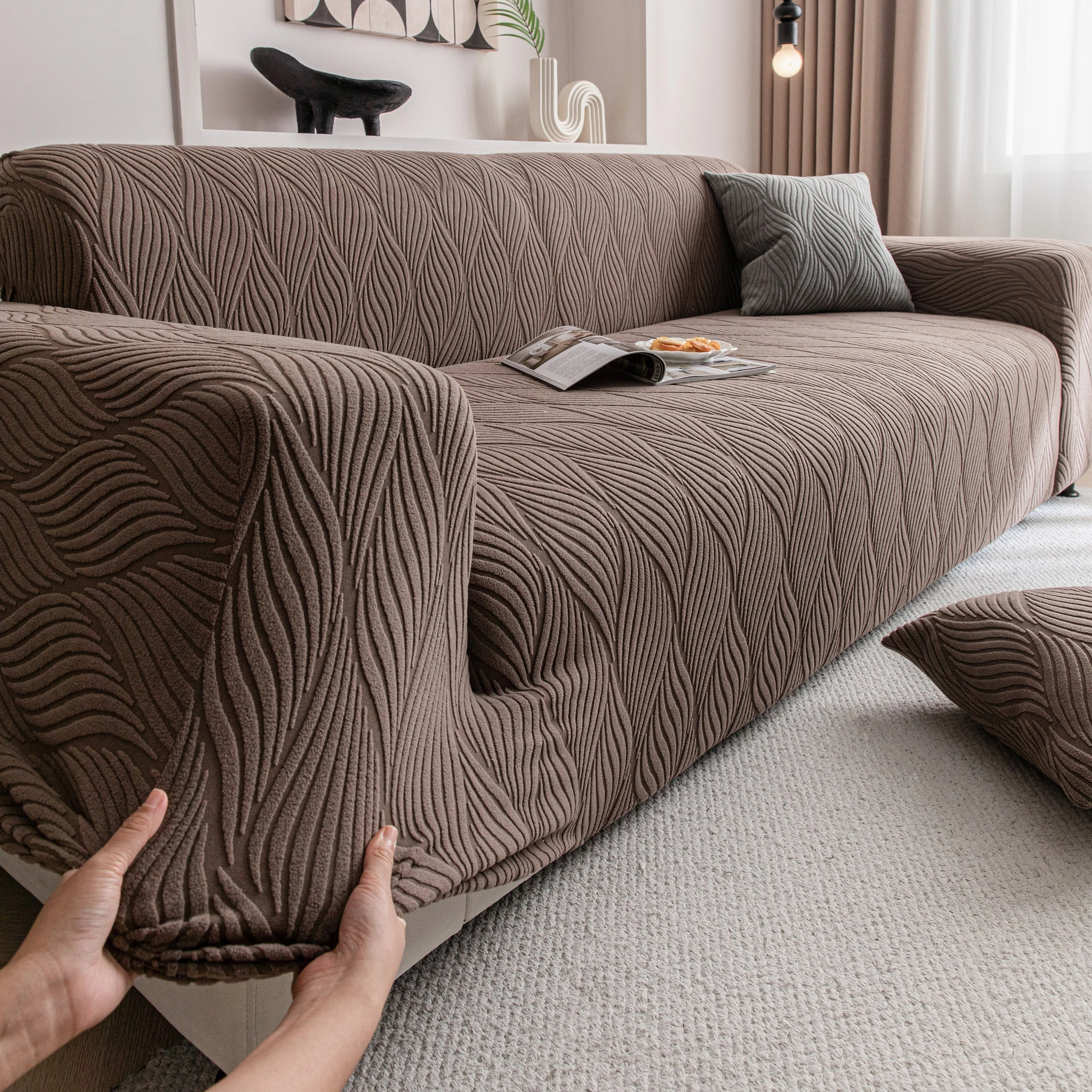 Modern Wavy Jacquard Sofa Slipcover, High Stretch Sofa Cover with 3D Organic Texture - Image 14
