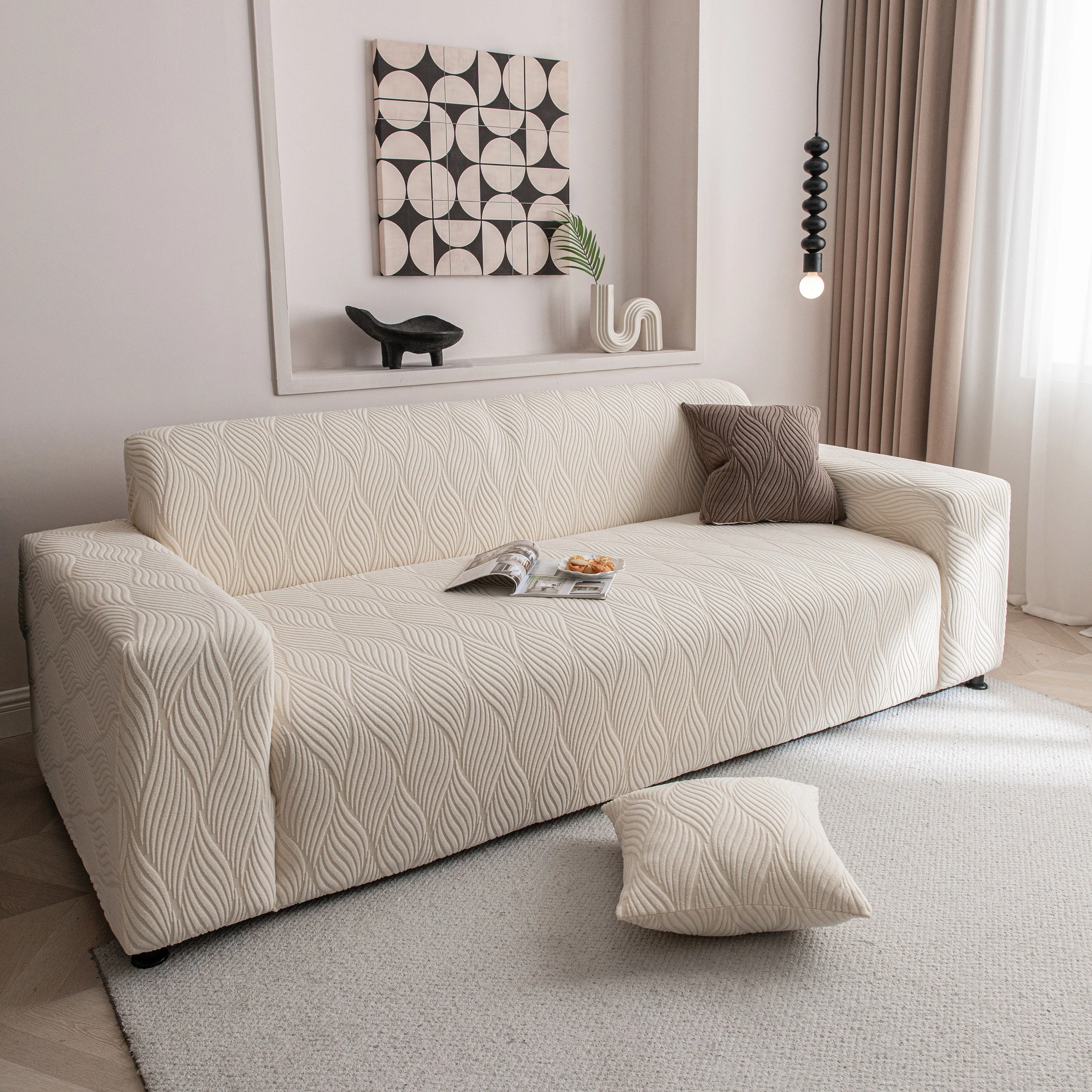 Modern Wavy Jacquard Sofa Slipcover, High Stretch Sofa Cover with 3D Organic Texture - Image 23