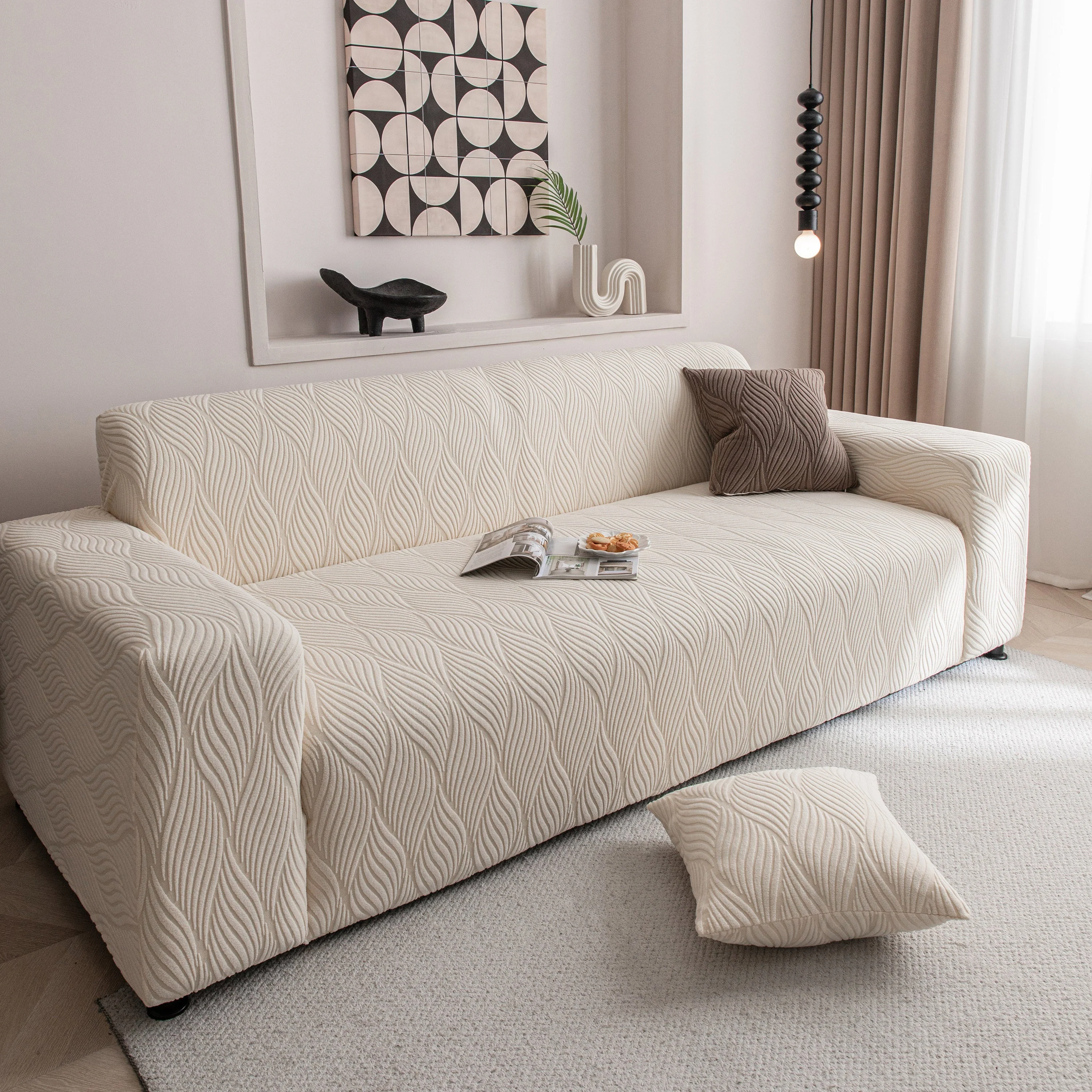 Modern Wavy Jacquard Sofa Slipcover, High Stretch Sofa Cover with 3D Organic Texture - Image 24