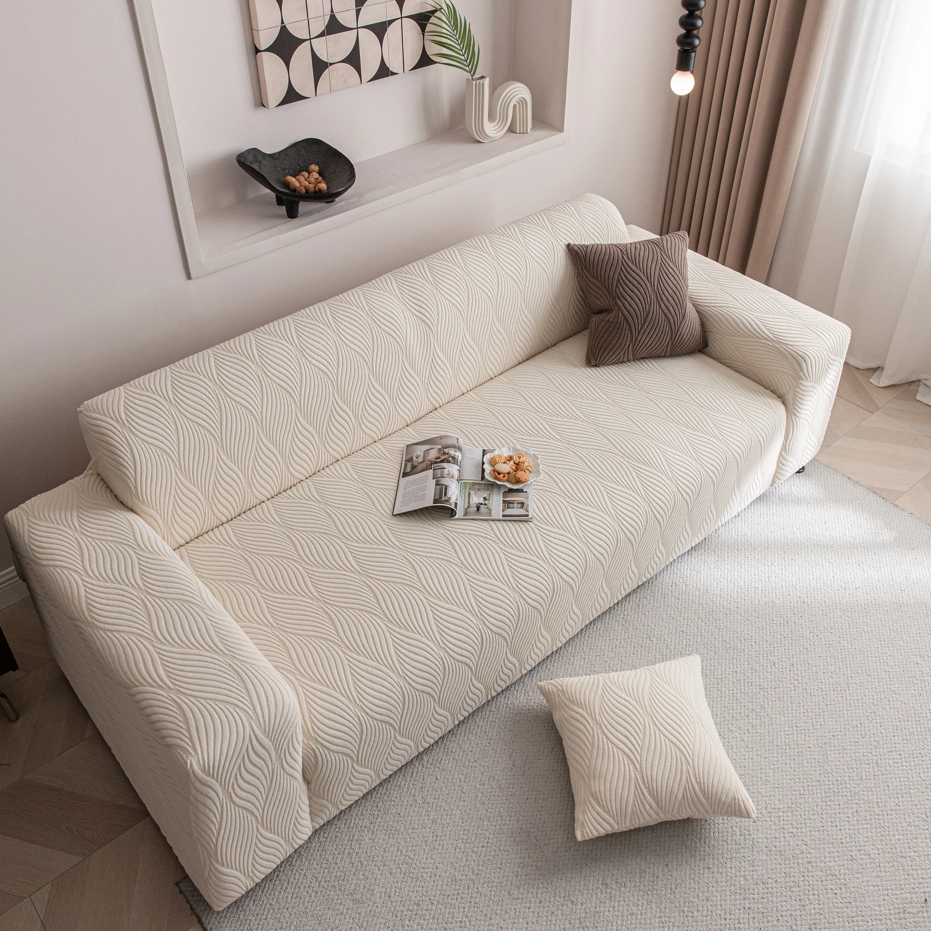 Modern Wavy Jacquard Sofa Slipcover, High Stretch Sofa Cover with 3D Organic Texture - Image 28