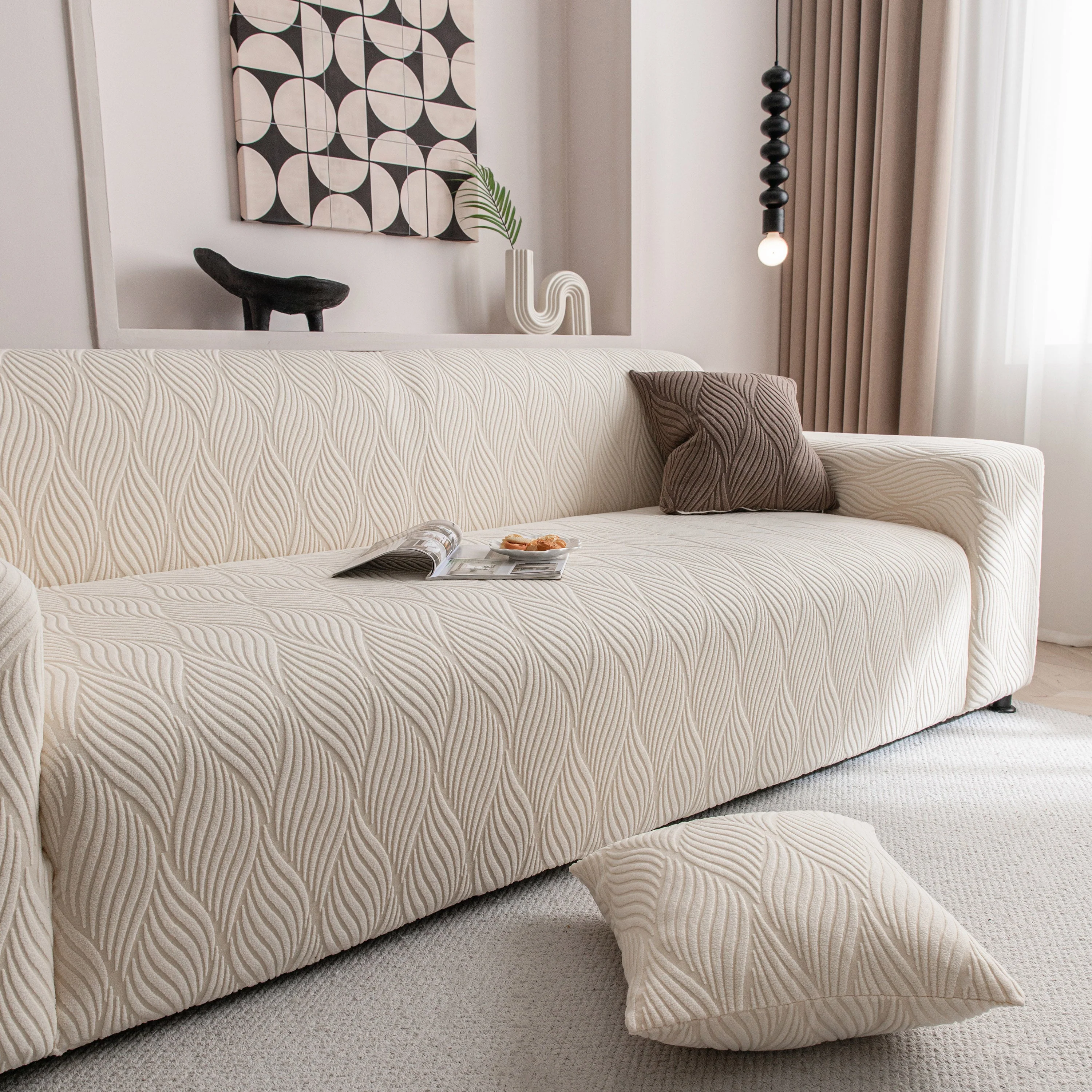 Modern Wavy Jacquard Sofa Slipcover, High Stretch Sofa Cover with 3D Organic Texture - Image 29